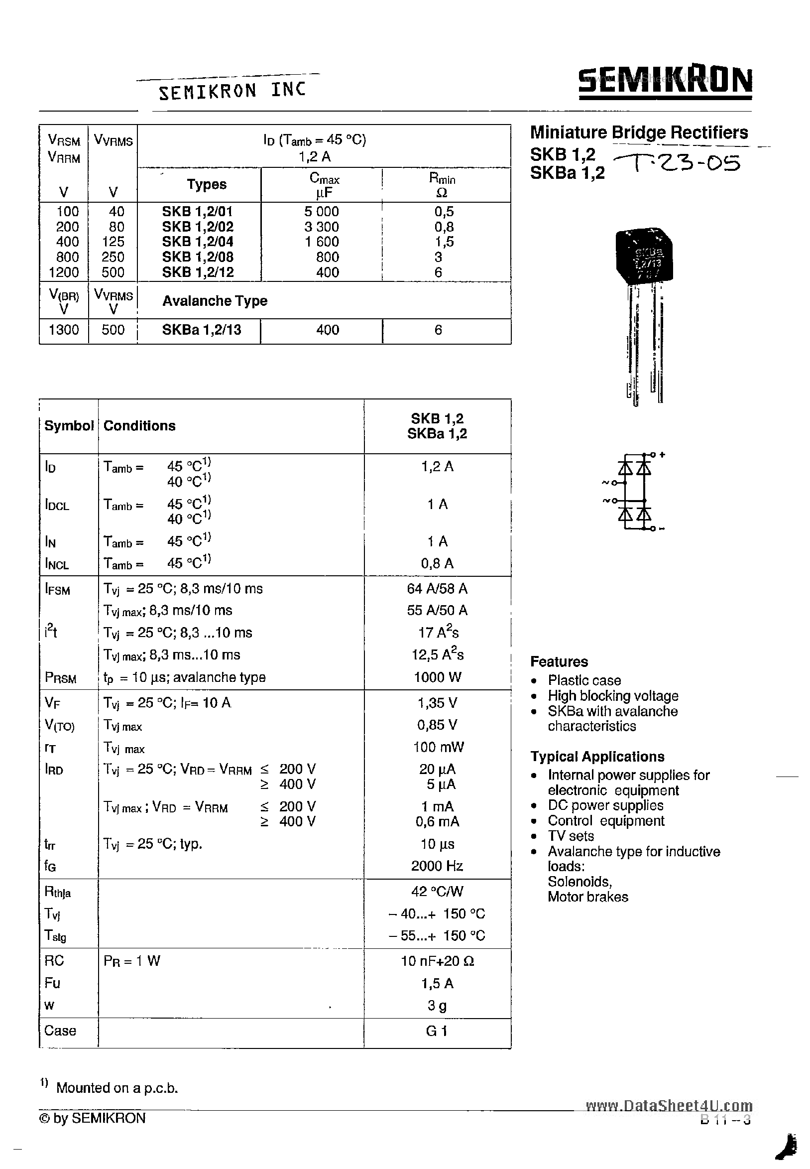 Datasheet SKB101 - (SKB101 - SKB112) Miniature Bridge Rectifiers page 1