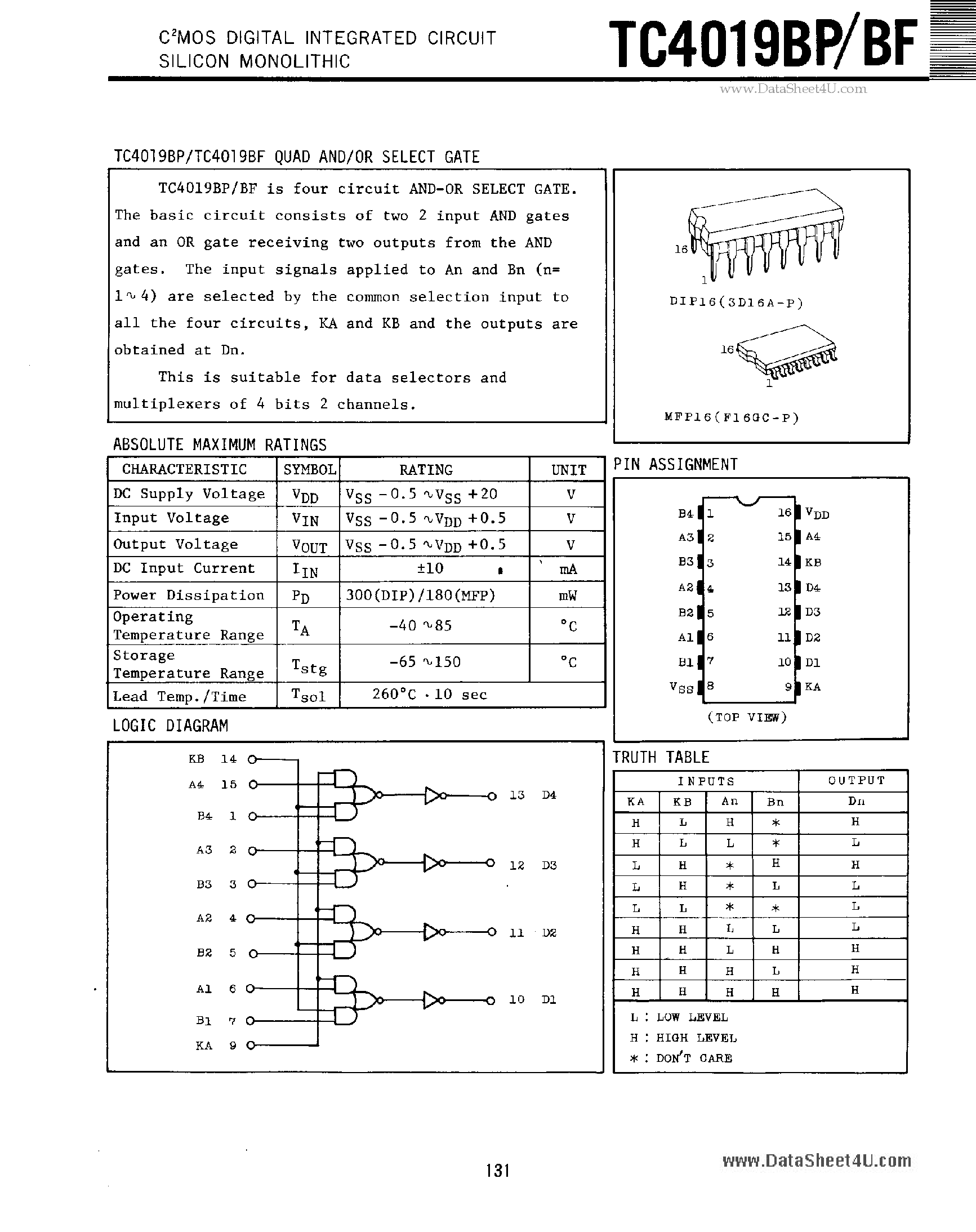 Даташит TC4019BF - (TC4019BF/BP) C2MOS DIGITAL INTEGRATED CIRCUIT SILICON MONOLITHIC страница 1