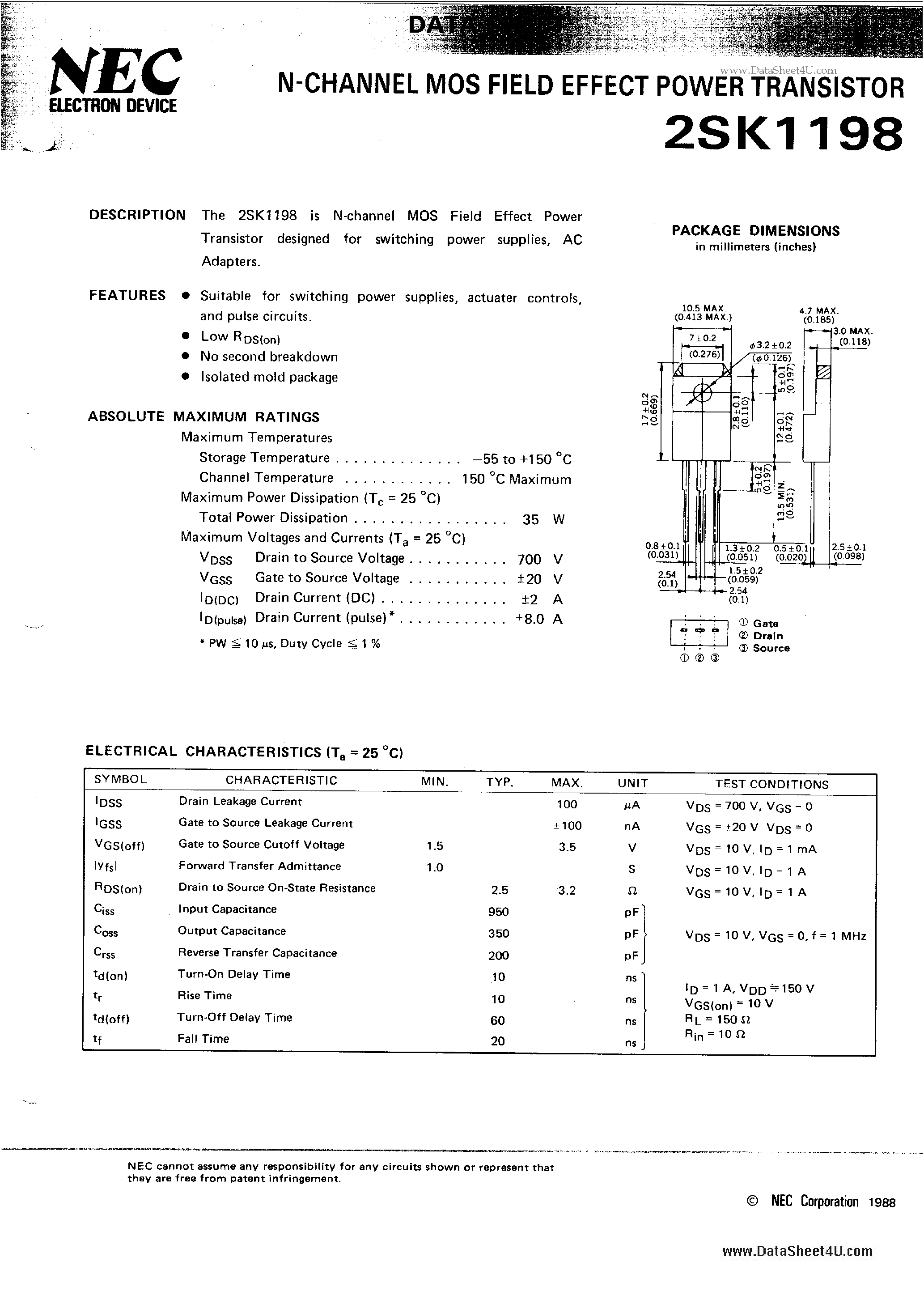 Datasheet 2SK1198 - N-Channel MOS Field Effect Power Transistor page 1