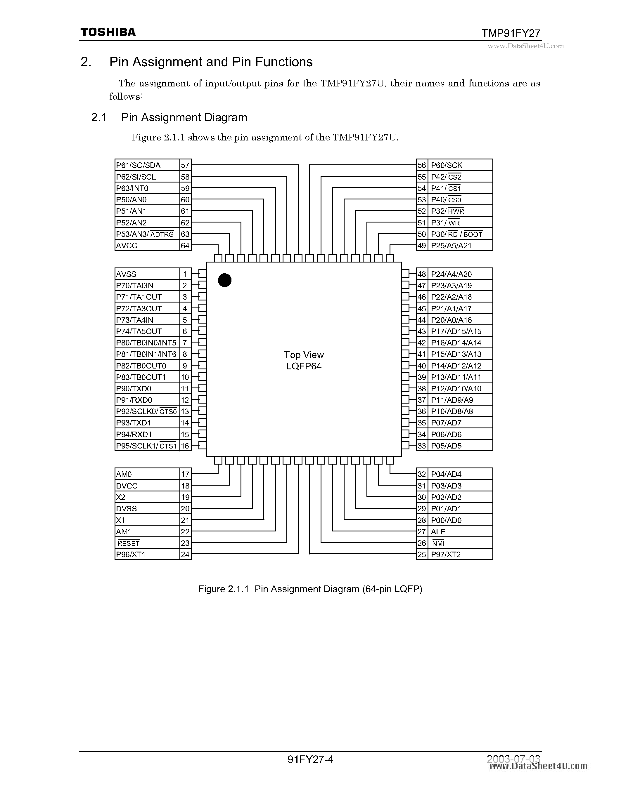 Даташит TMP91FY27 - Pin Assignment and Pin Functions страница 1