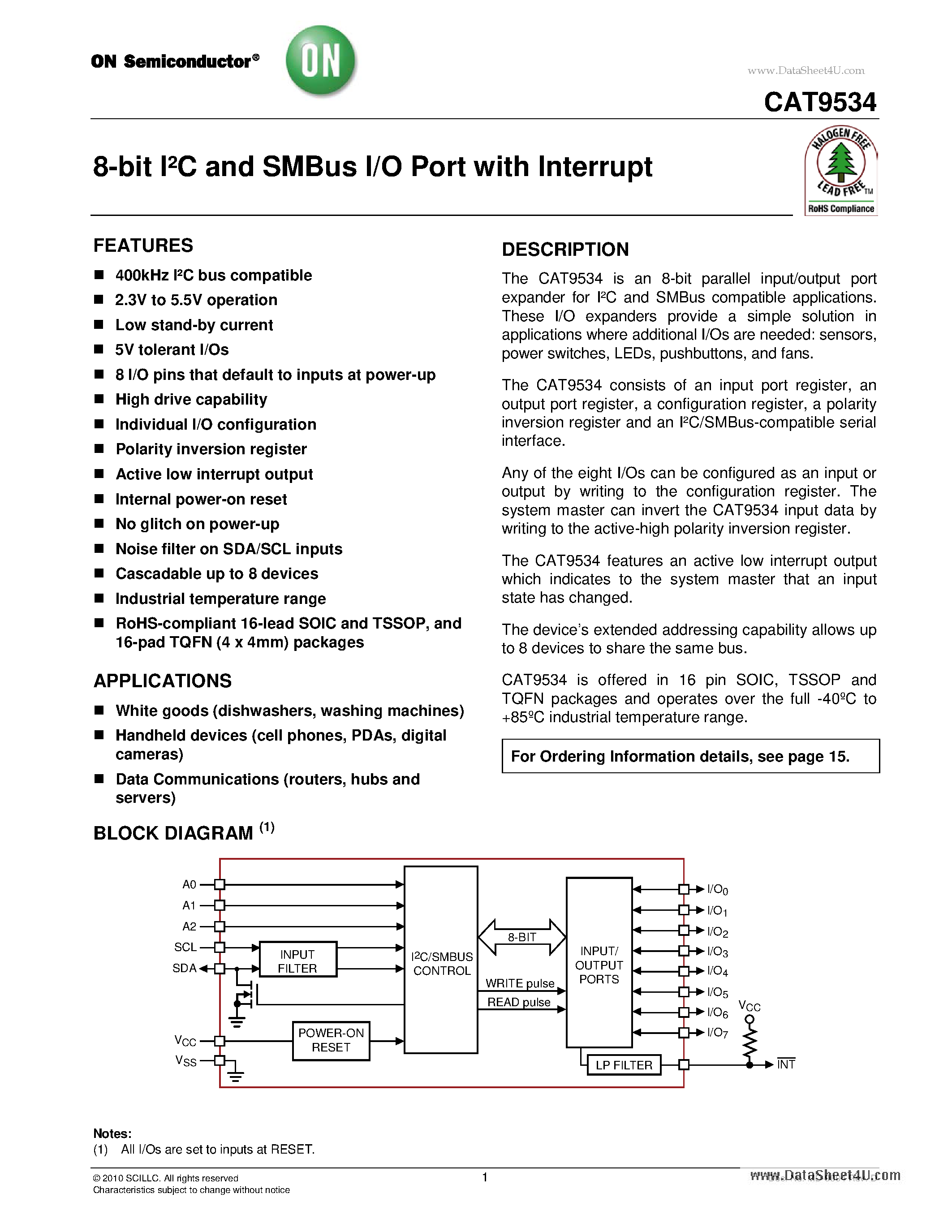 Даташит CAT9534 - 8-bit I2C and SMBus I/O Port страница 1