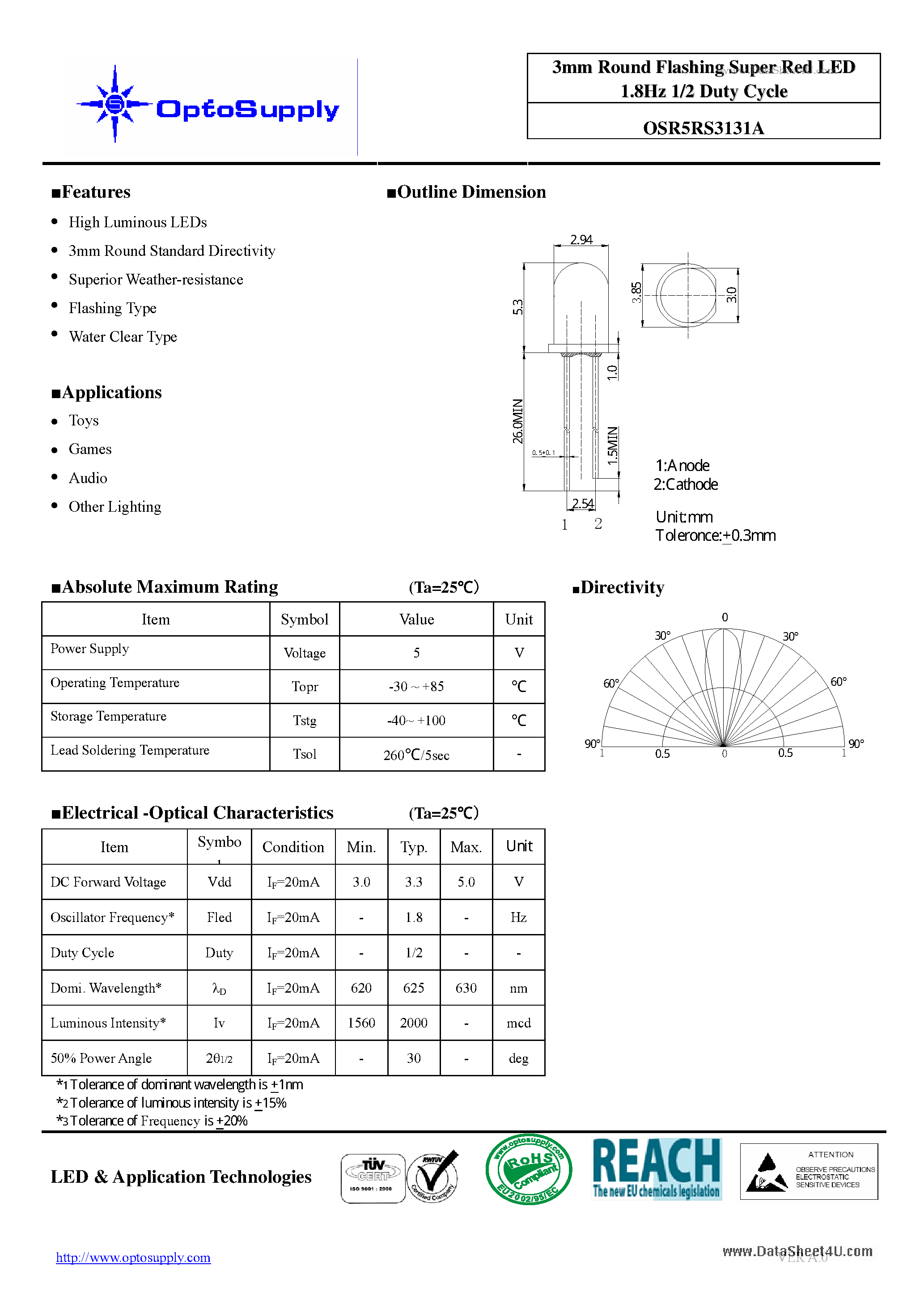 Даташит OSR5RS3131A - 3mm Round Flashing Super Red LED 1.8Hz 1/2 Duty Cycle страница 1