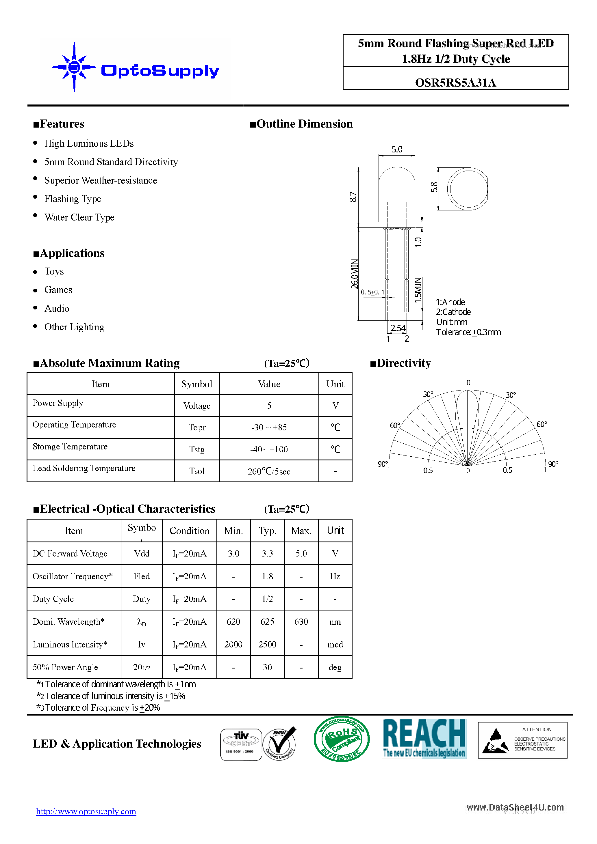 Даташит OSR5RS5A31A - 5mm Round Flashing Super Red LED 1.8Hz 1/2 Duty Cycle страница 1