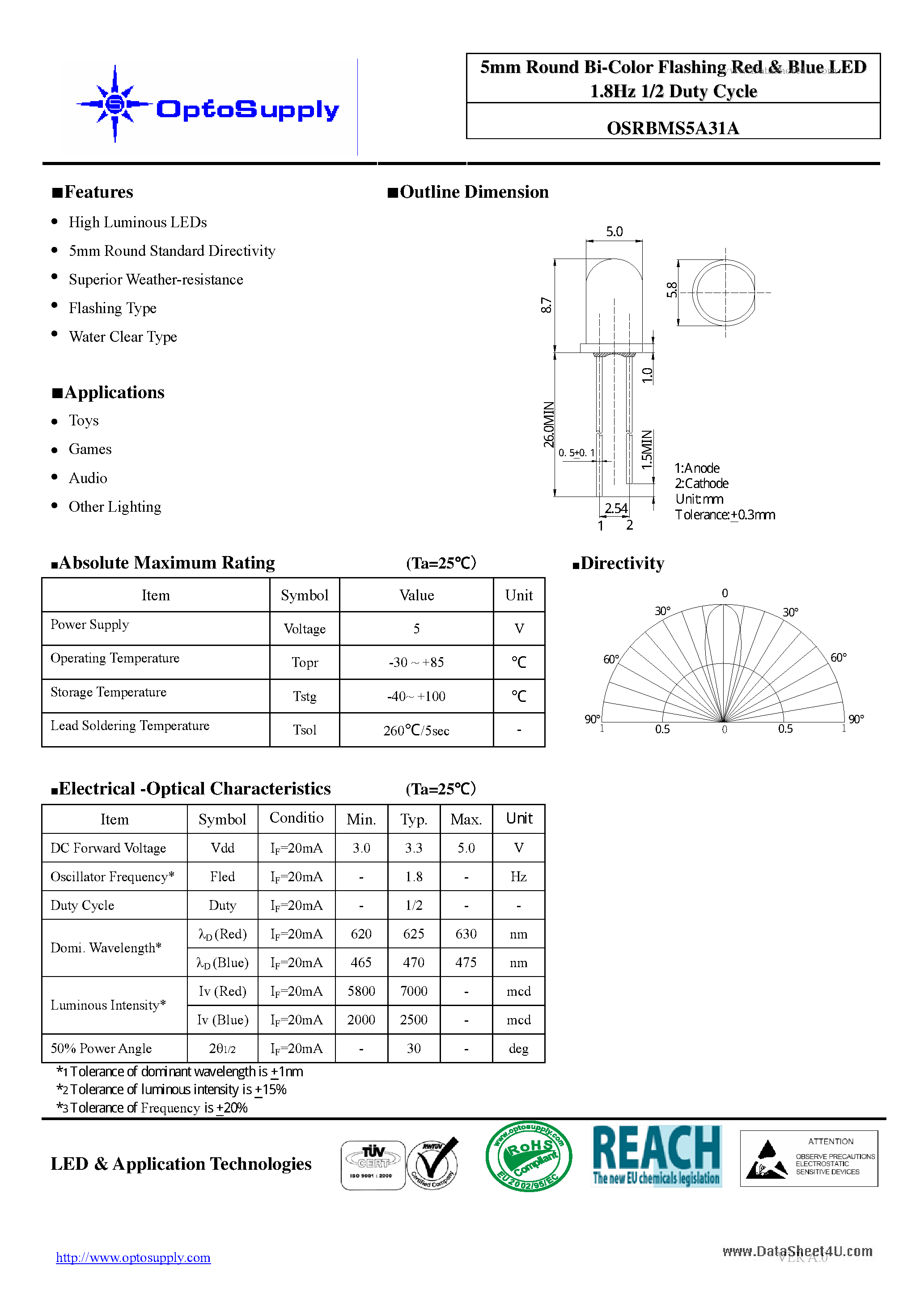 Даташит OSRBMS5A31A - 5mm Round Bi-Color Flashing Red & Blue LED 1.8Hz 1/2 Duty Cycle страница 1