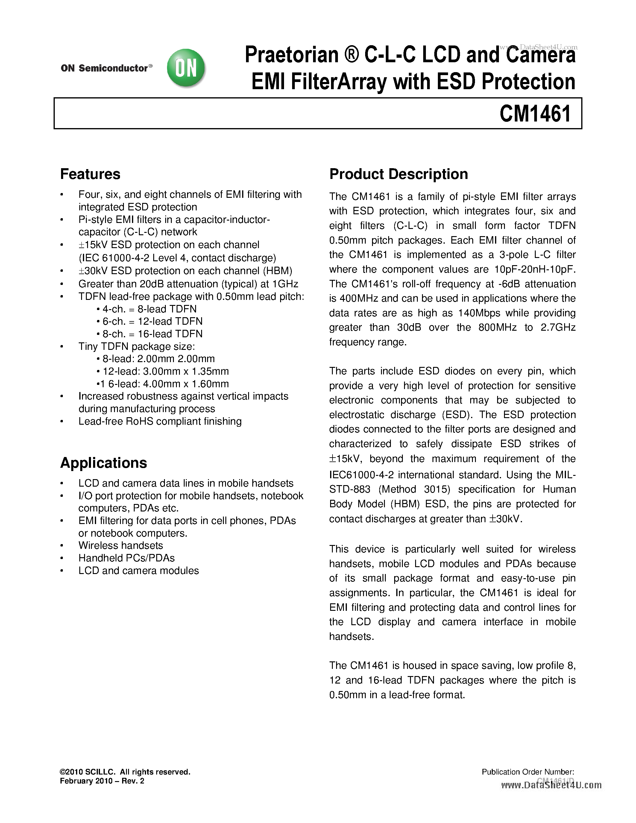 Datasheet CM1461 - Praetorian C-L-C LCD and Camera EMI FilterArray page 1