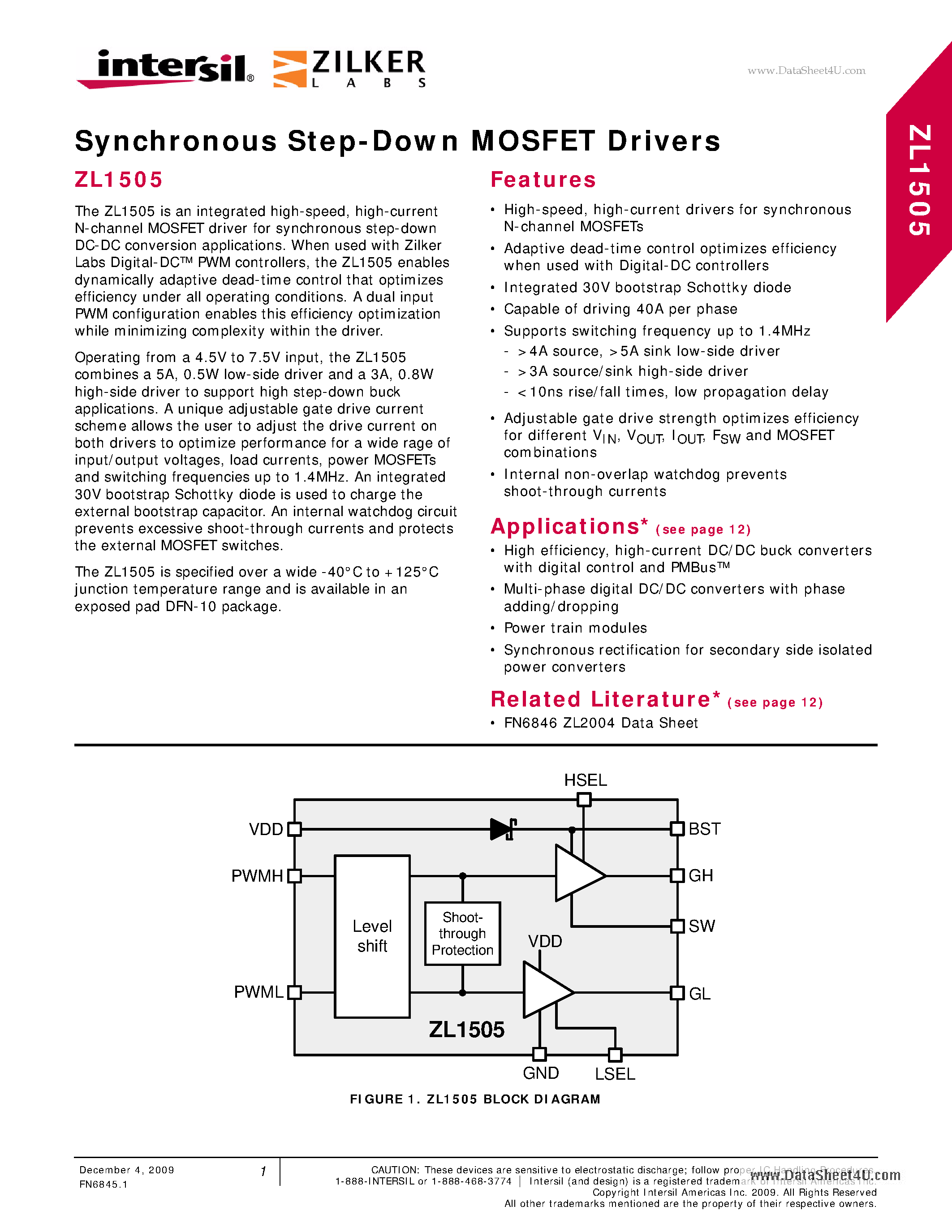 Datasheet ZL1505 - Synchronous Step-Down MOSFET Drivers page 1