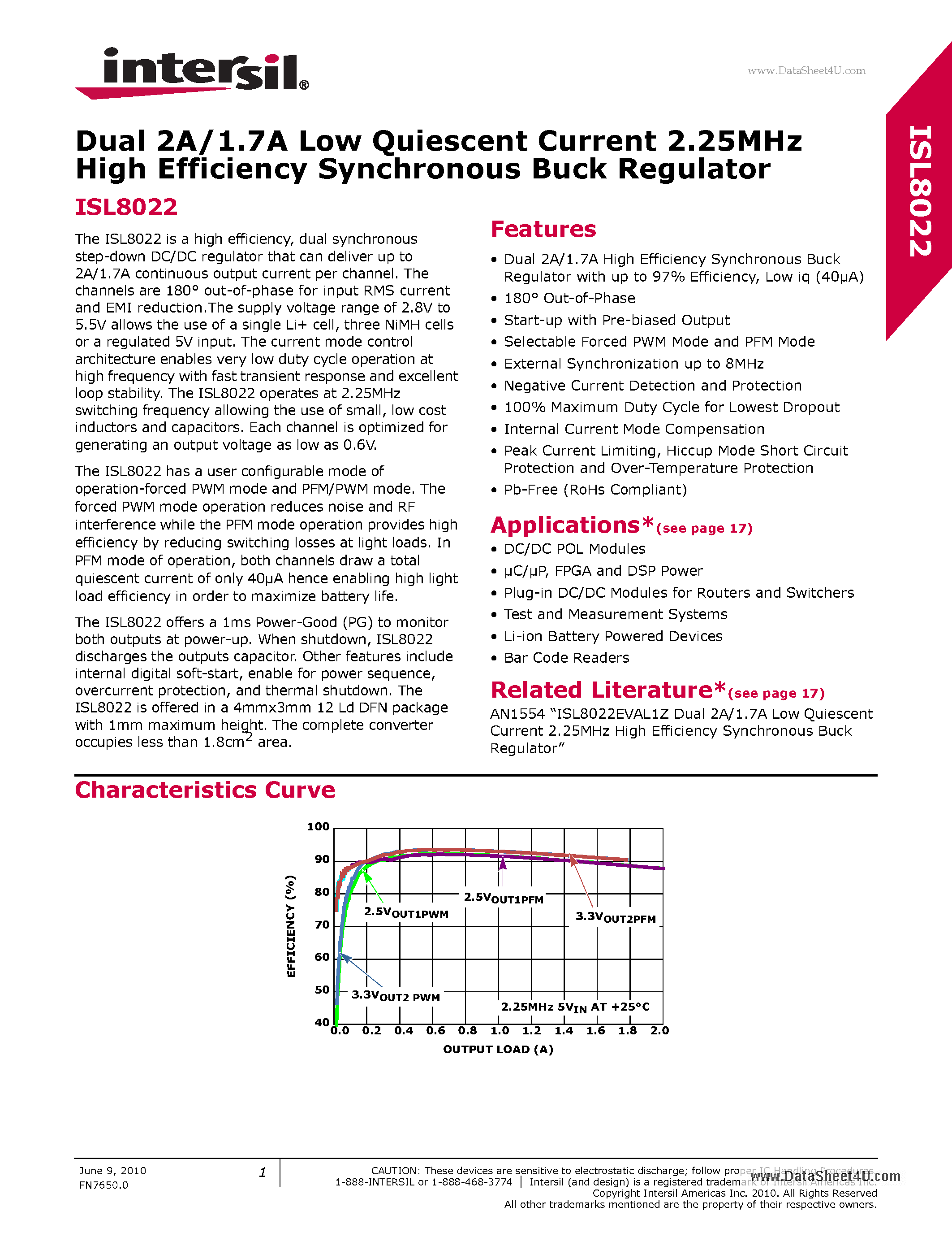 Datasheet ISL8022 - Dual 2A/1.7A Low Quiescent Current 2.25MHz High Efficiency Synchronous Buck Regulator page 1