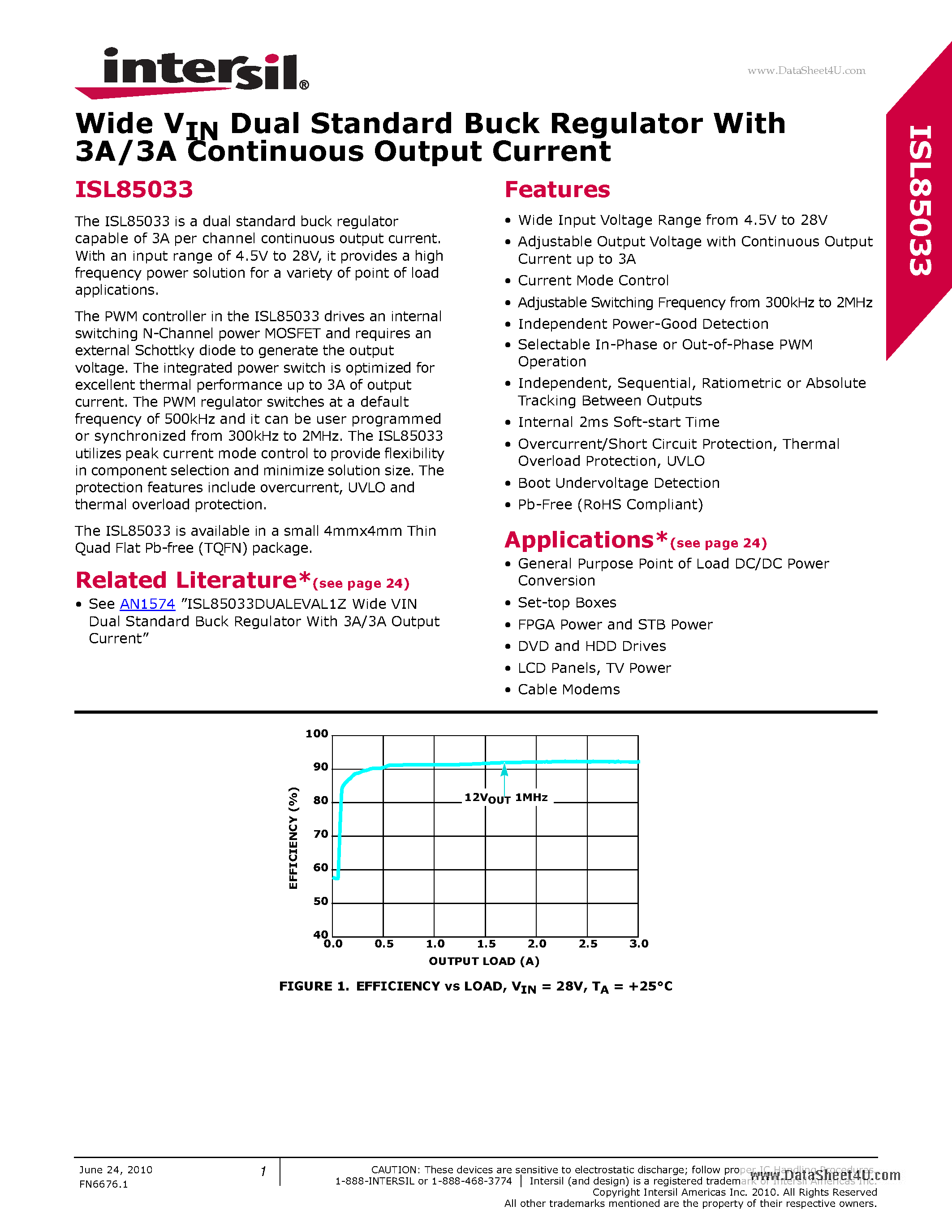 Datasheet ISL85033 - Wide VIN Dual Standard Buck Regulator page 1