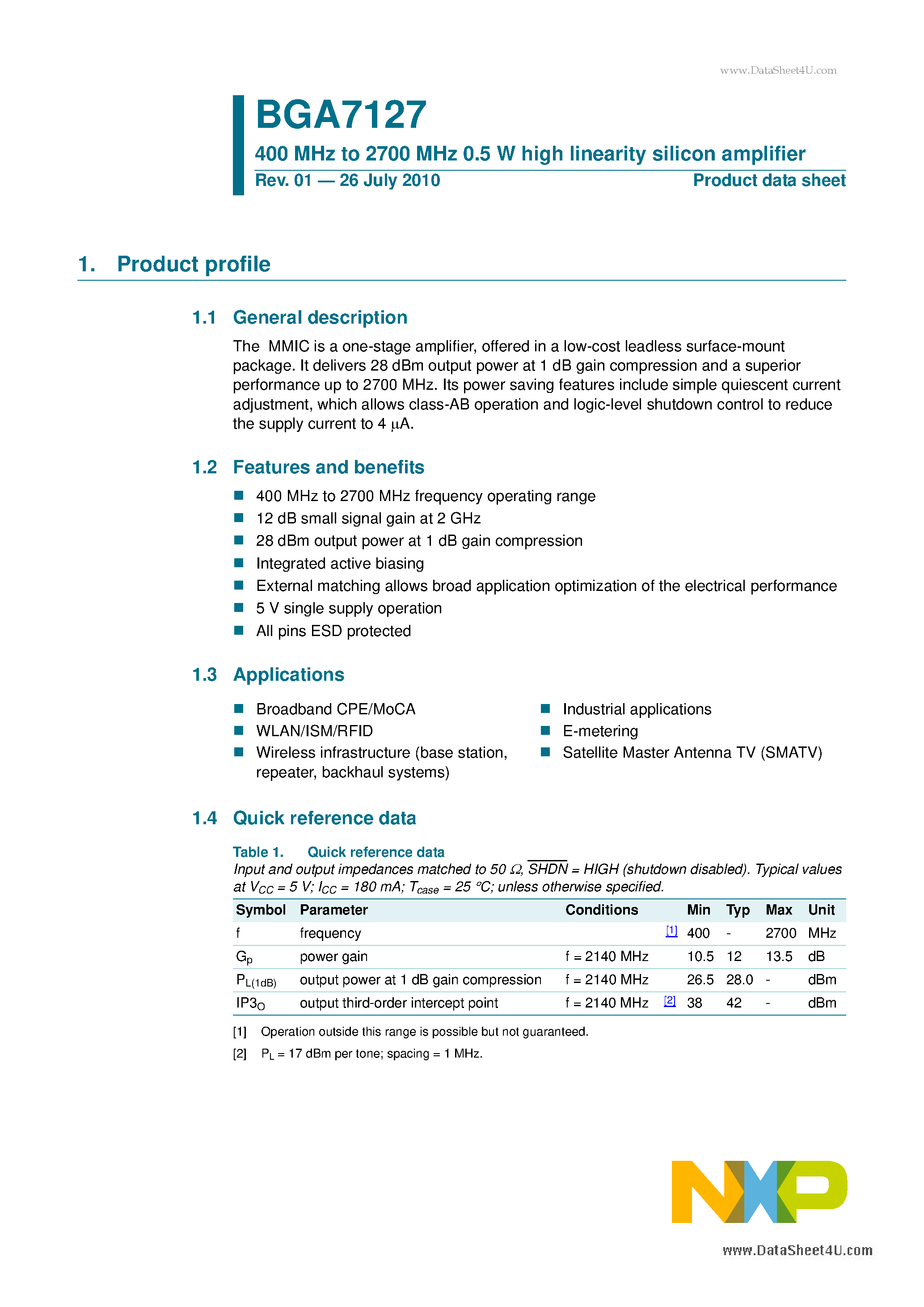 Даташит BGA7127 - 400 MHz To 2700 MHz 0.5 W High Linearity Silicon Amplifier страница 1