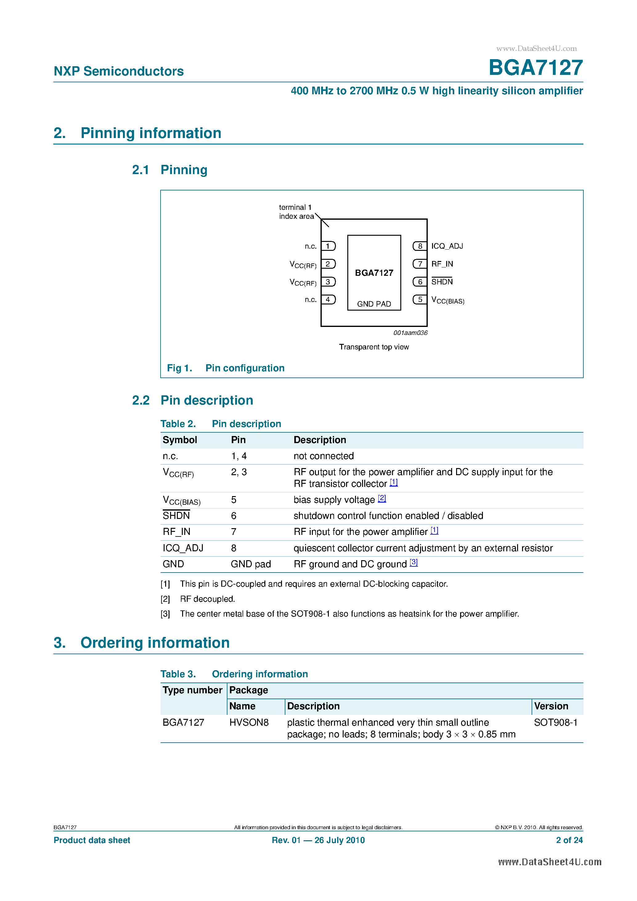 Даташит BGA7127 - 400 MHz To 2700 MHz 0.5 W High Linearity Silicon Amplifier страница 2