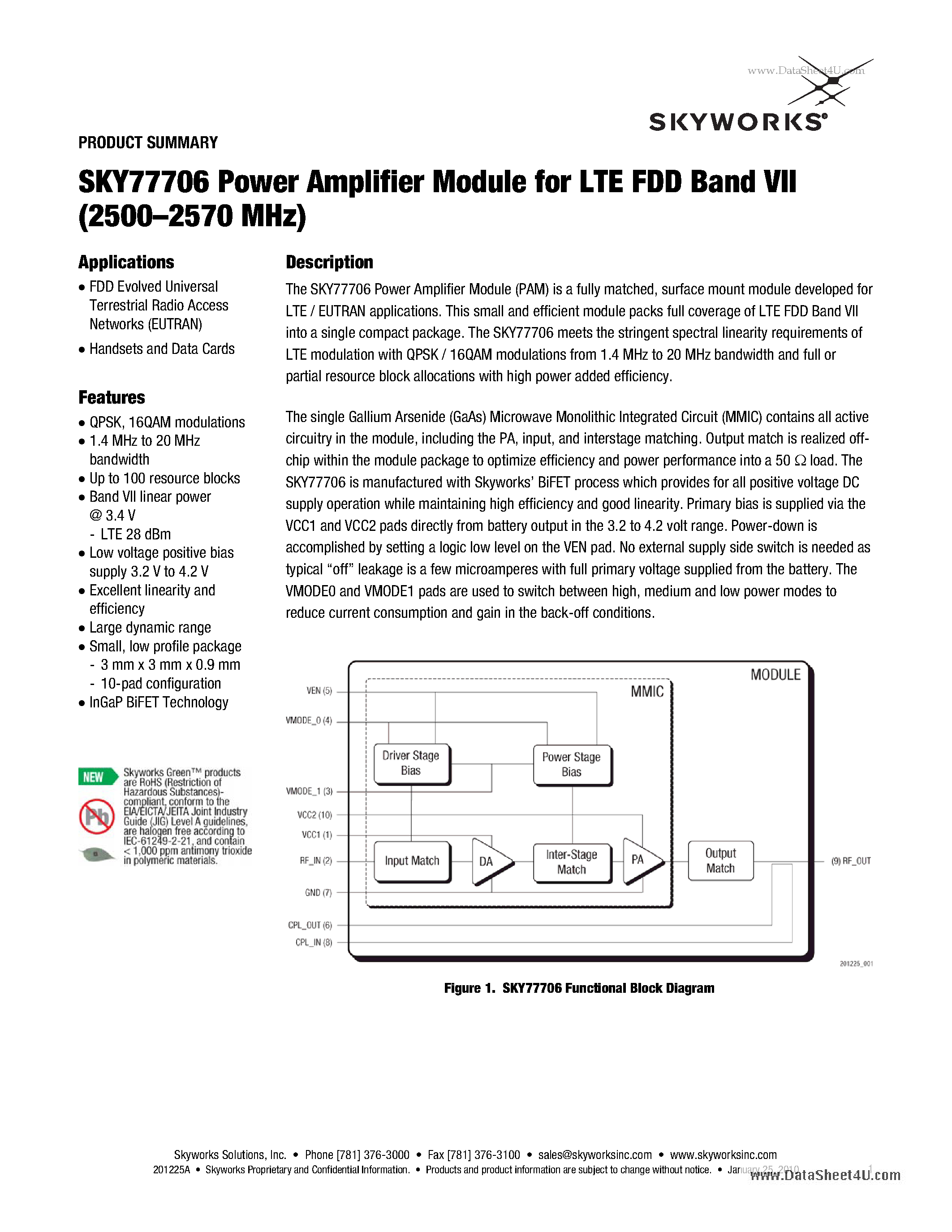 Datasheet SKY77706 - Power Amplifier Module For LTE FDD Band VII (2500-2570 MHz) page 1