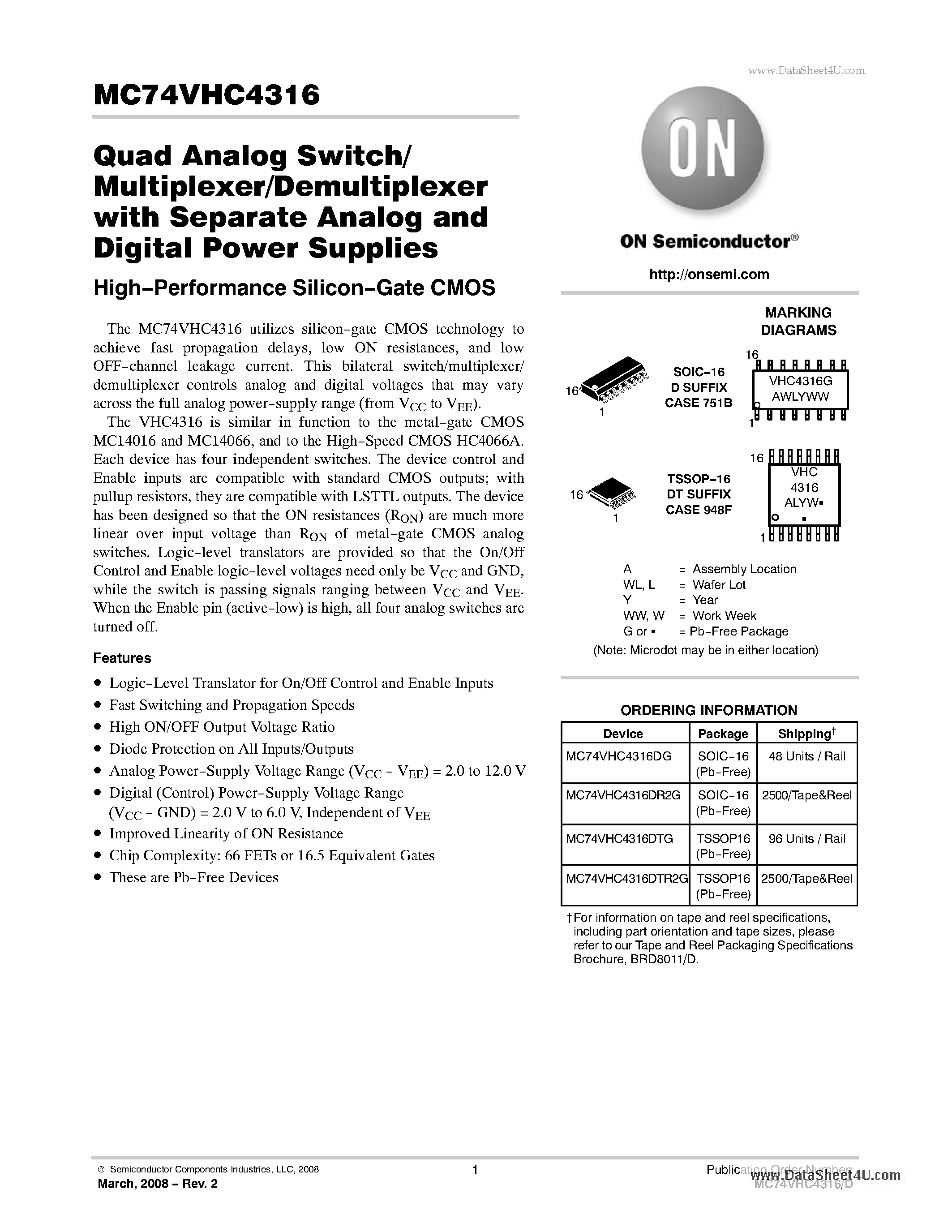 Даташит MC74VHC4316 - Quad Analog Switch/Multiplexer/Demultiplexer страница 1