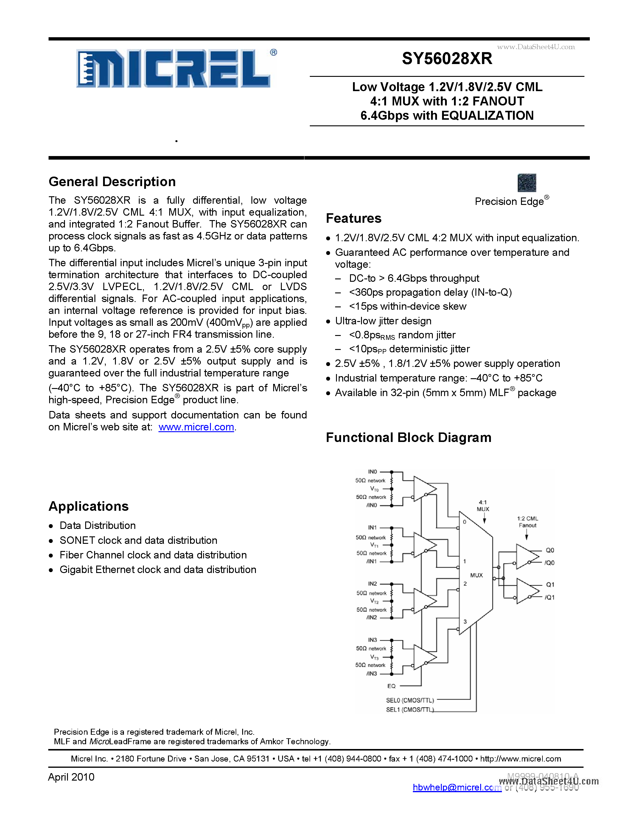 Даташит SY56028XR - Low Voltage 1.2V/1.8V/2.5V CML 4:1 MUX страница 1