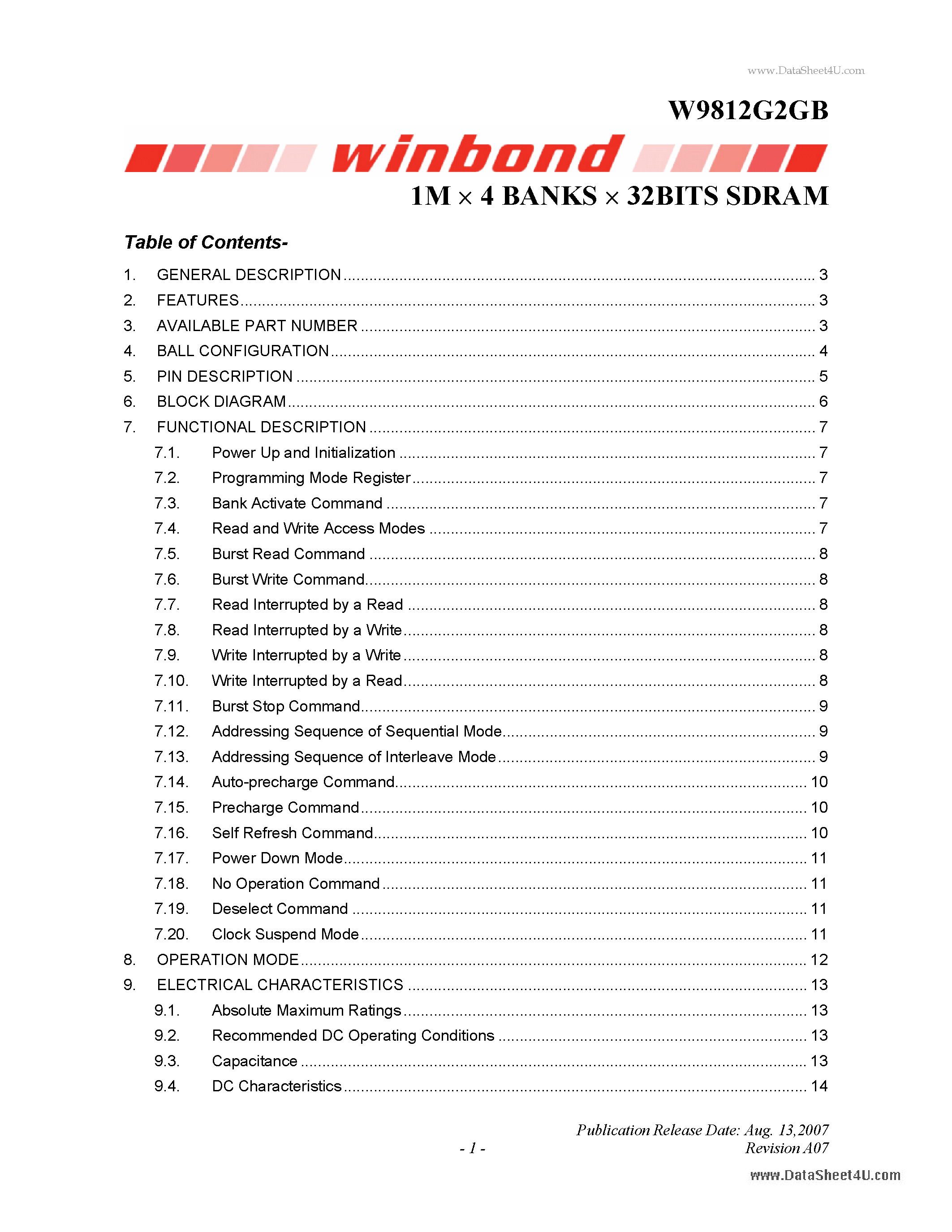 Datasheet W9812G2GB - 1M x 4 BANKS x 32BITS SDRAM page 1