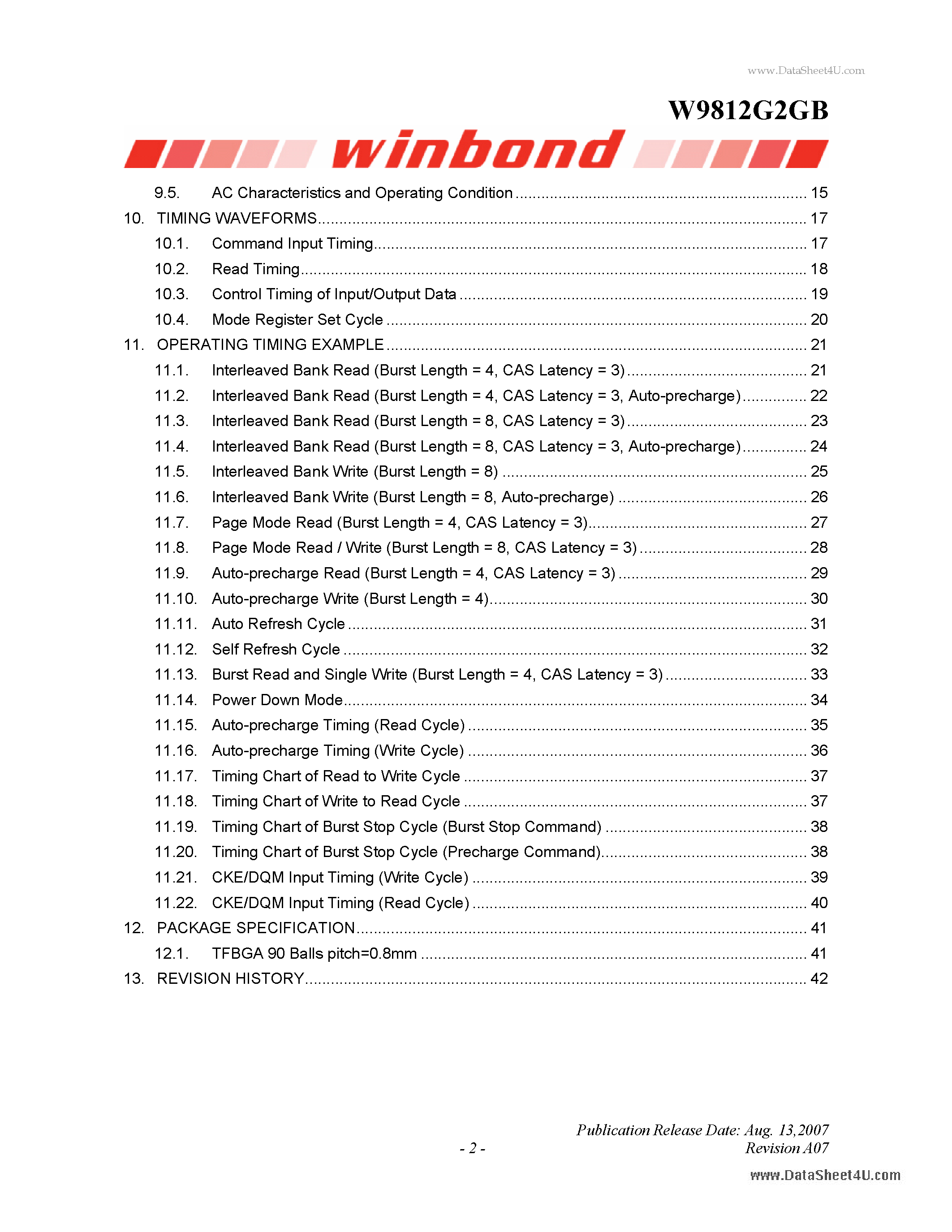 Datasheet W9812G2GB - 1M x 4 BANKS x 32BITS SDRAM page 2