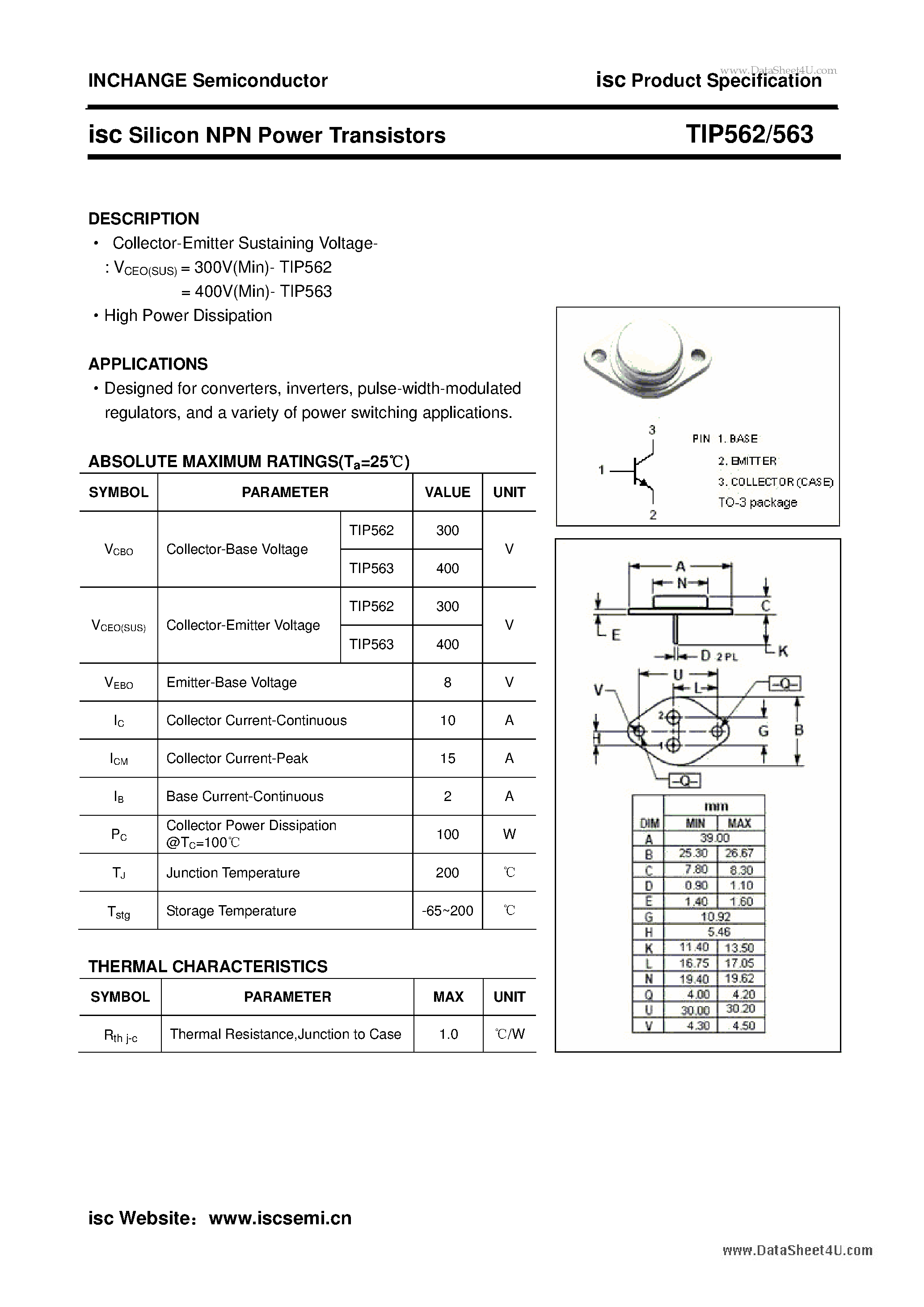 Даташит TIP562 - isc Silicon NPN Power Transistors страница 1