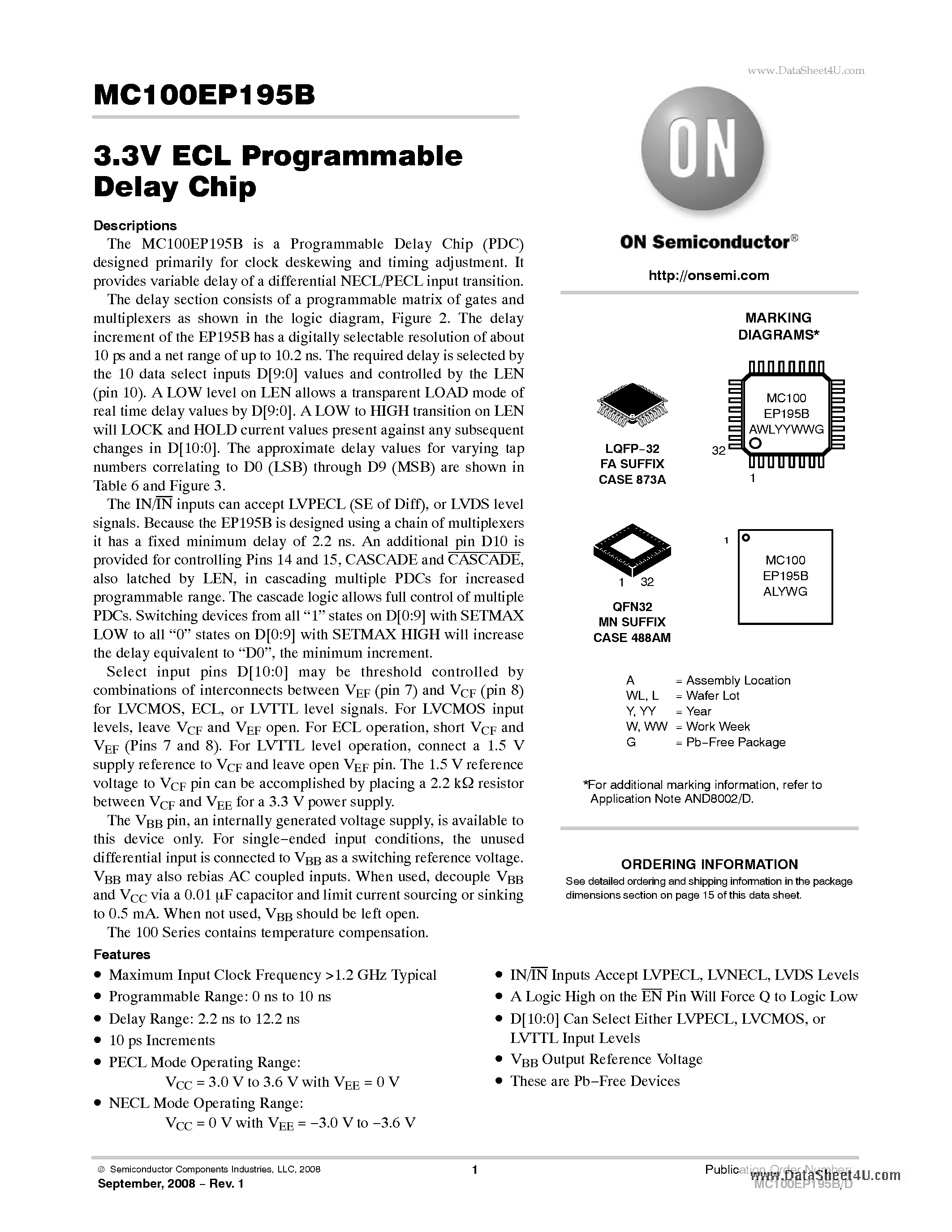 Datasheet MC100EP195B - 3.3V ECL Programmable Delay Chip page 1