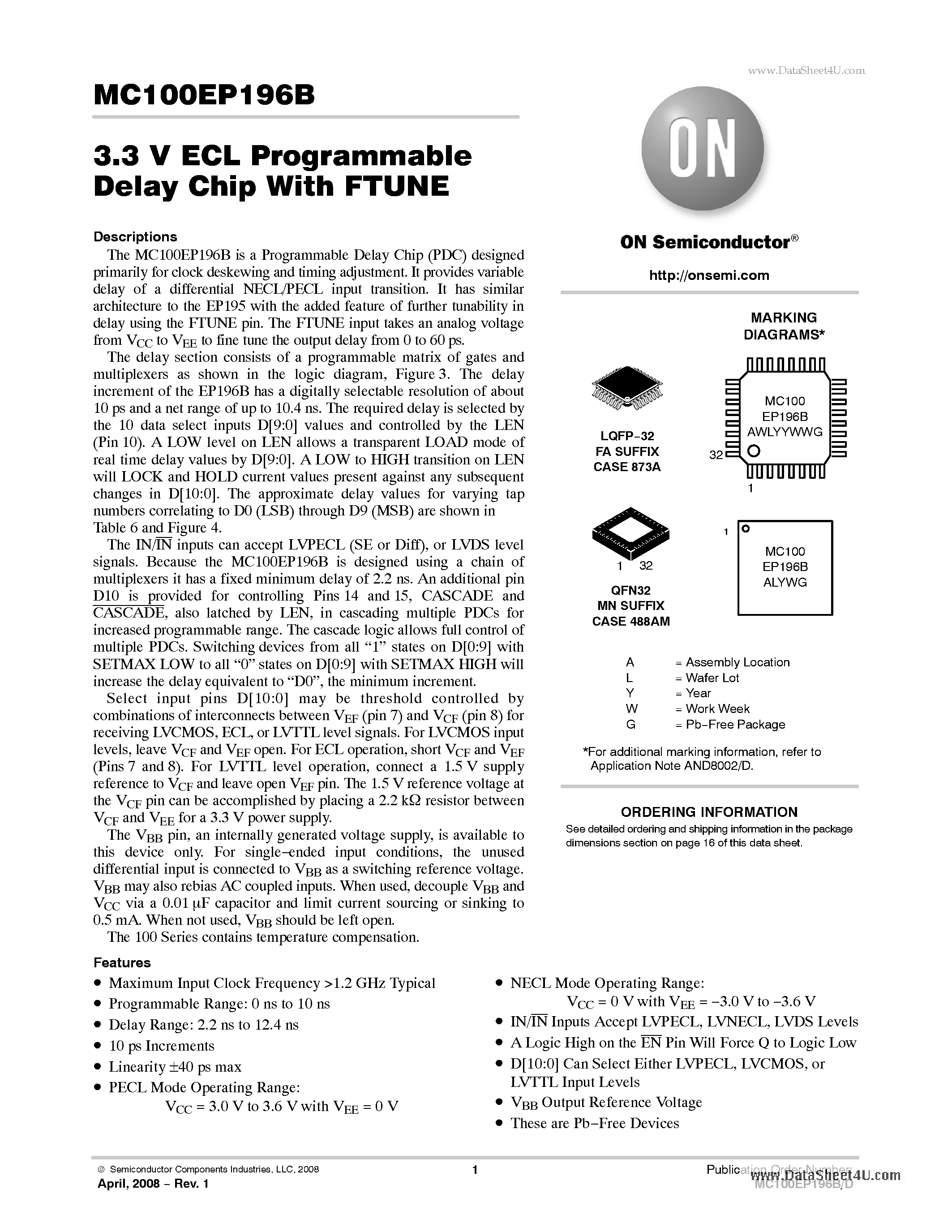 Datasheet MC100EP196B - 3.3 V ECL Programmable Delay Chip page 1