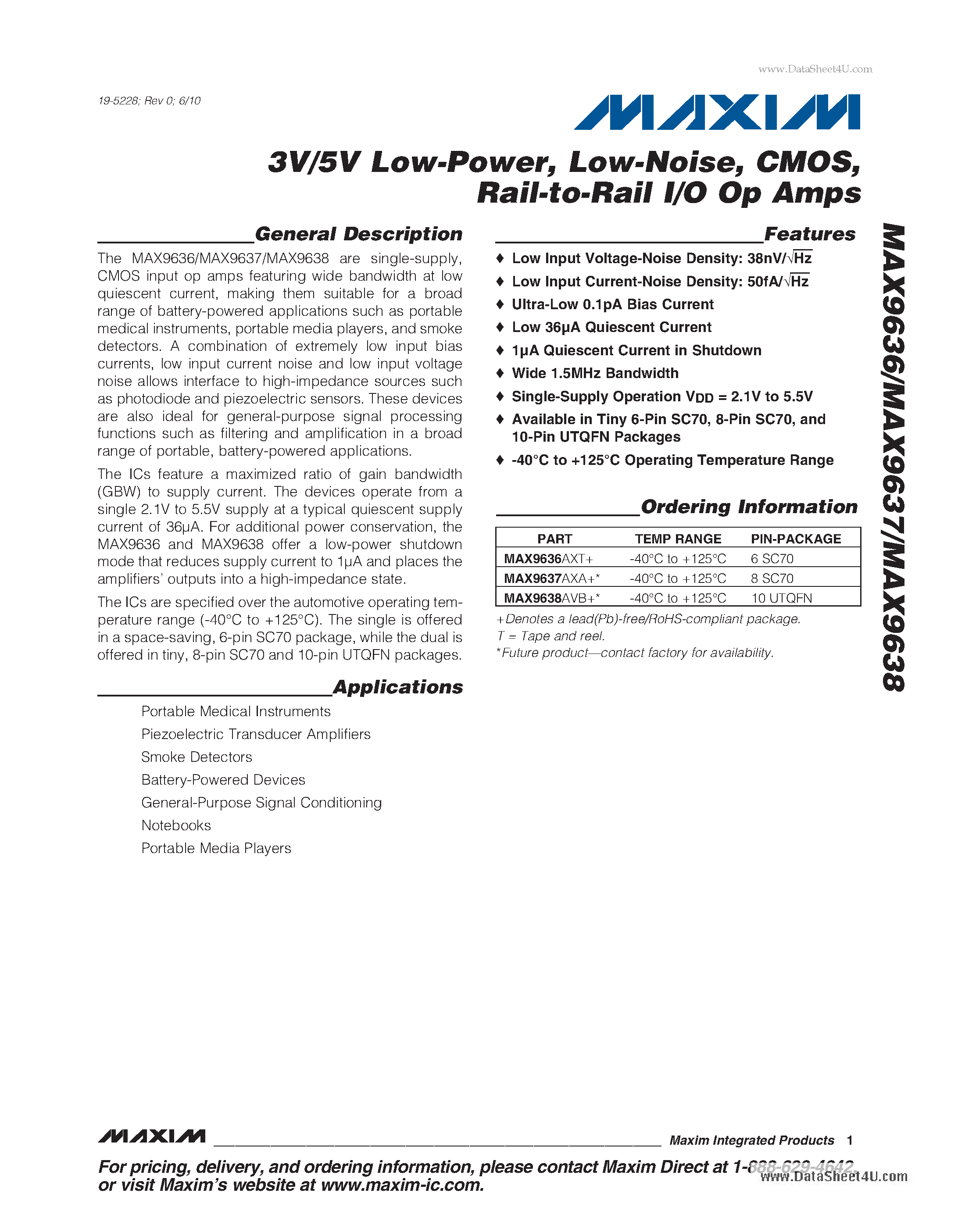 Datasheet MAX9636 - Rail-to-Rail I/O Op Amps page 1