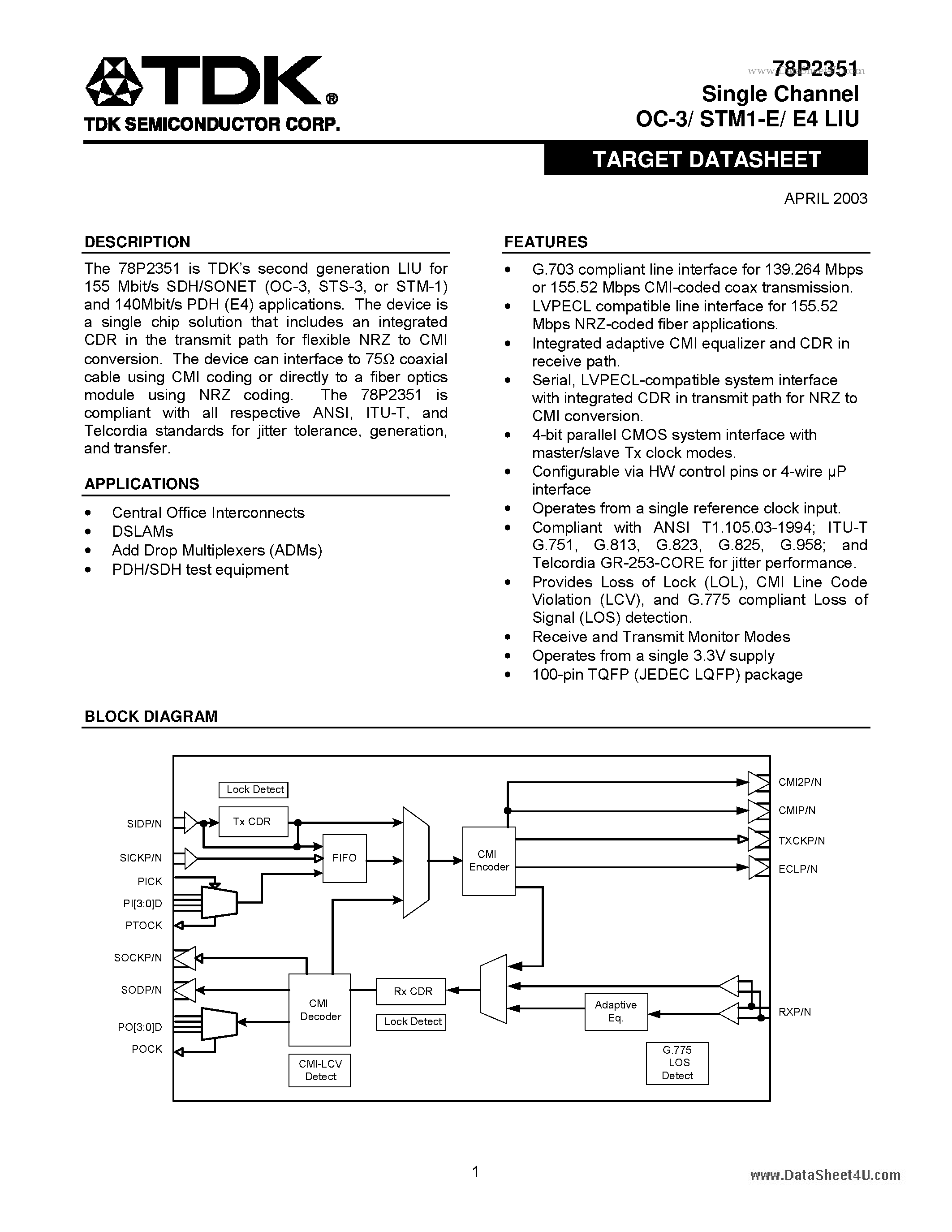 Datasheet 78P2351 - Single Channel OC-3/ STM1-E/ E4 LIU page 1