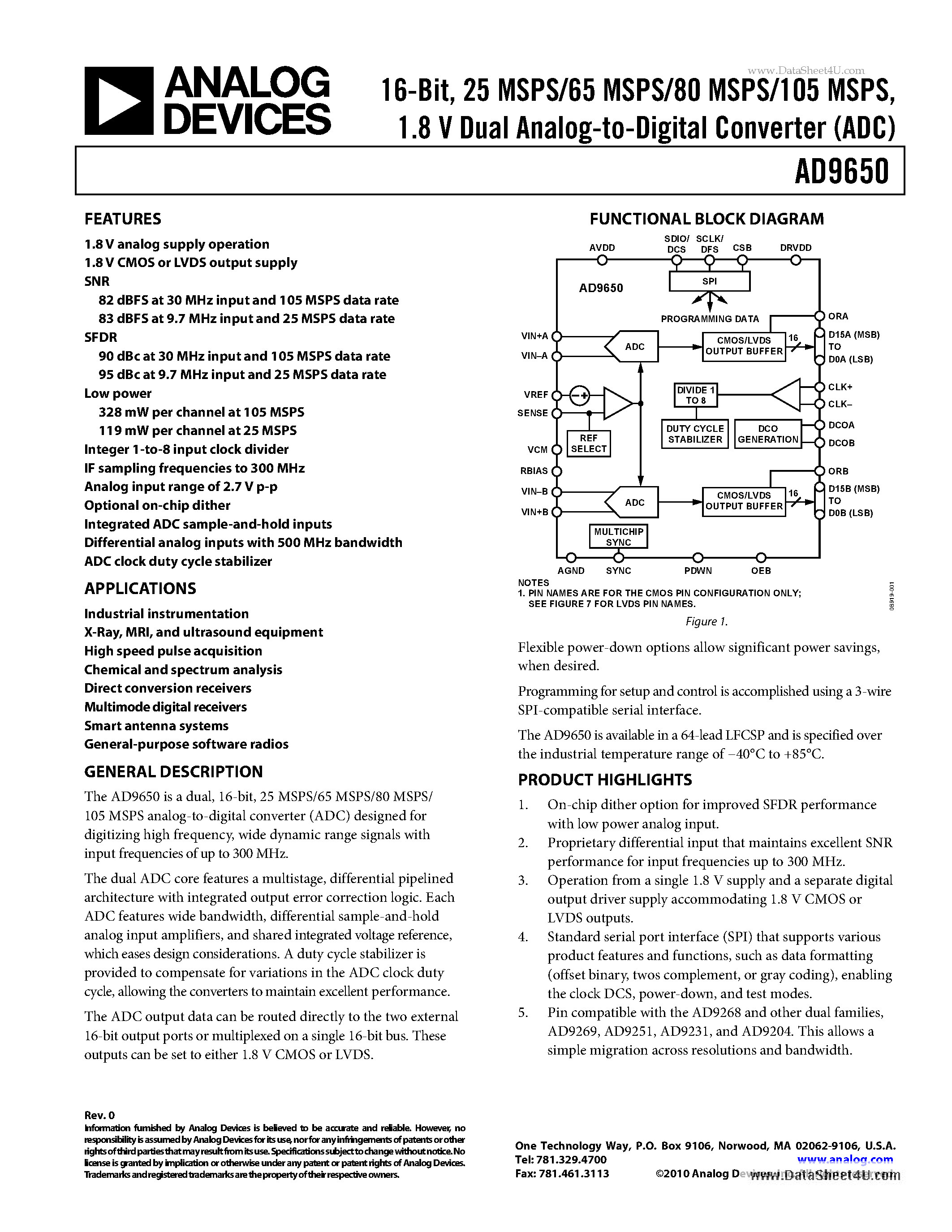 Datasheet AD9650 - 1.8 V Dual Analog-to-Digital Converter (ADC) page 1