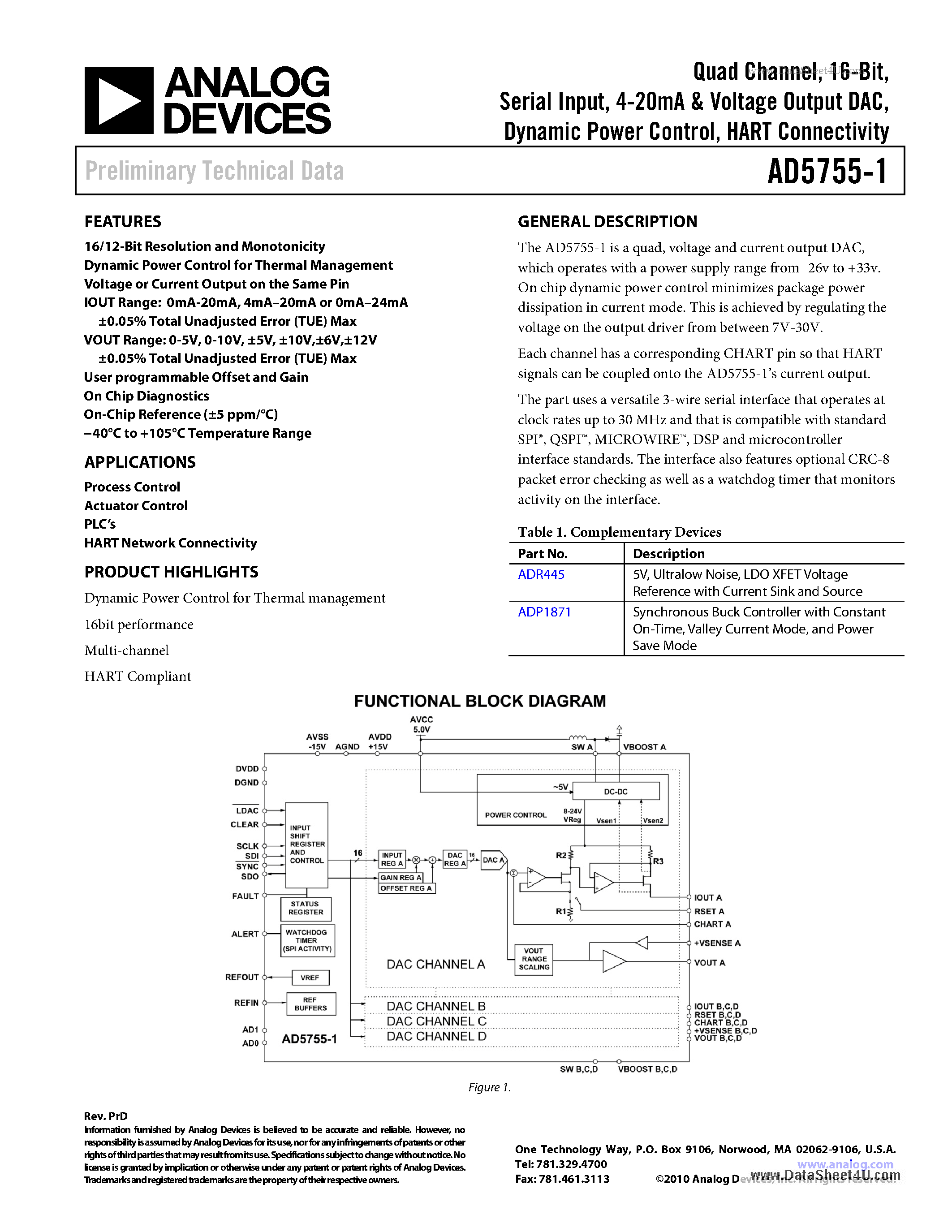 Datasheet AD5755-1 - Quad Channel 16-Bit Serial Input - 4-20mA & Voltage Output DAC Dynamic Power Control : HART Connectivity page 1