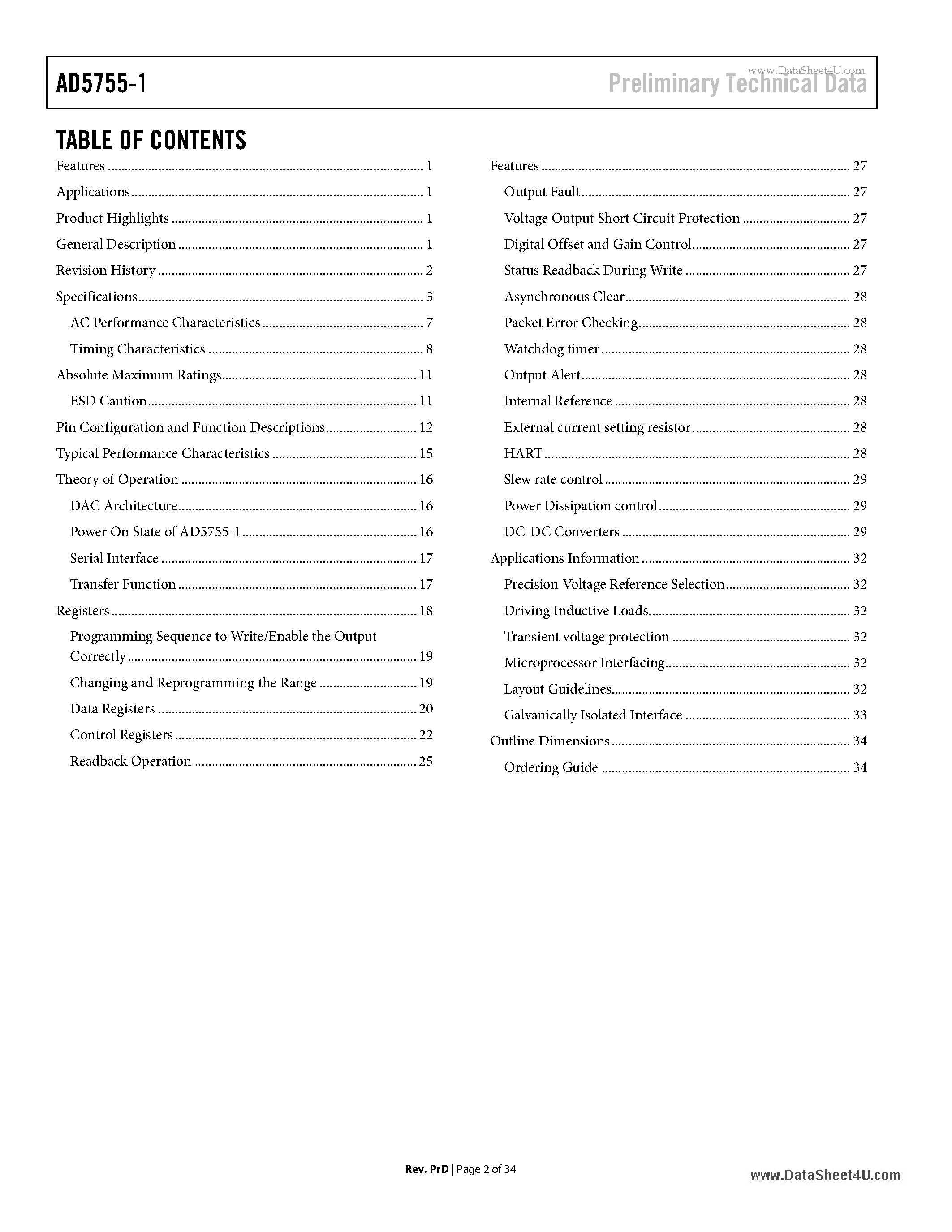 Datasheet AD5755-1 - Quad Channel 16-Bit Serial Input - 4-20mA & Voltage Output DAC Dynamic Power Control : HART Connectivity page 2