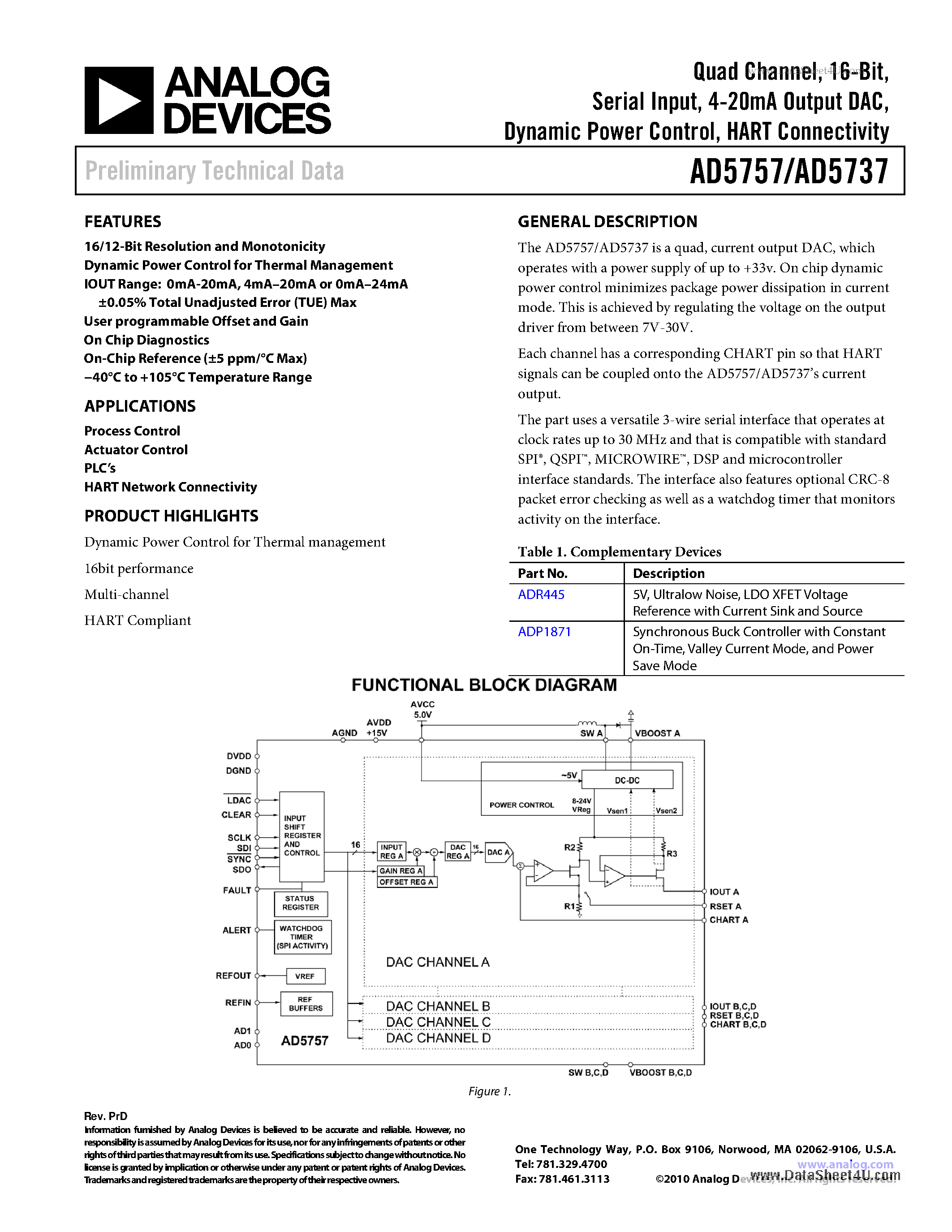 Datasheet AD5737 - Quad Channel 16-Bit Serial Input - 4-20mA Output DAC Dynamic Power Control : HART Connectivity page 1