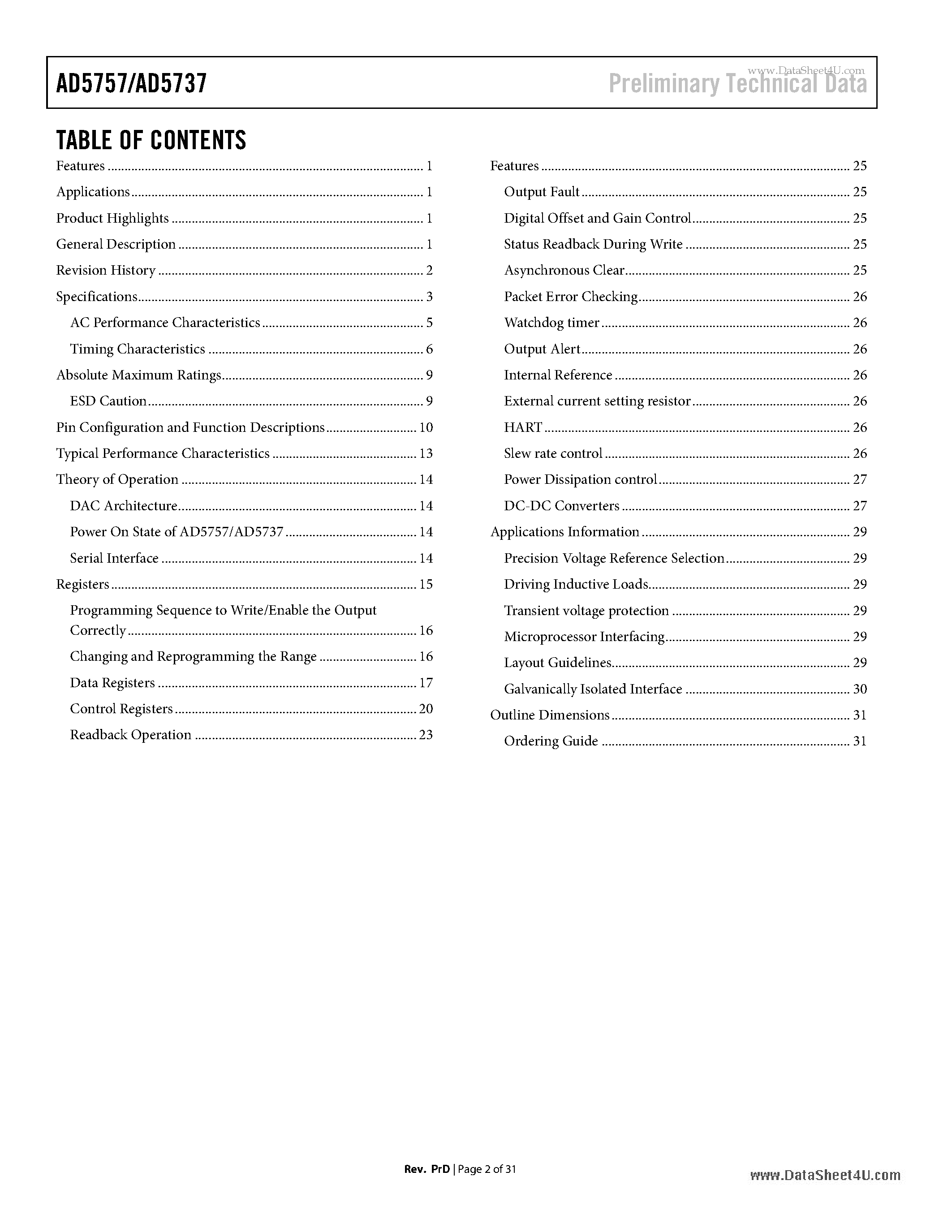 Datasheet AD5737 - Quad Channel 16-Bit Serial Input - 4-20mA Output DAC Dynamic Power Control : HART Connectivity page 2