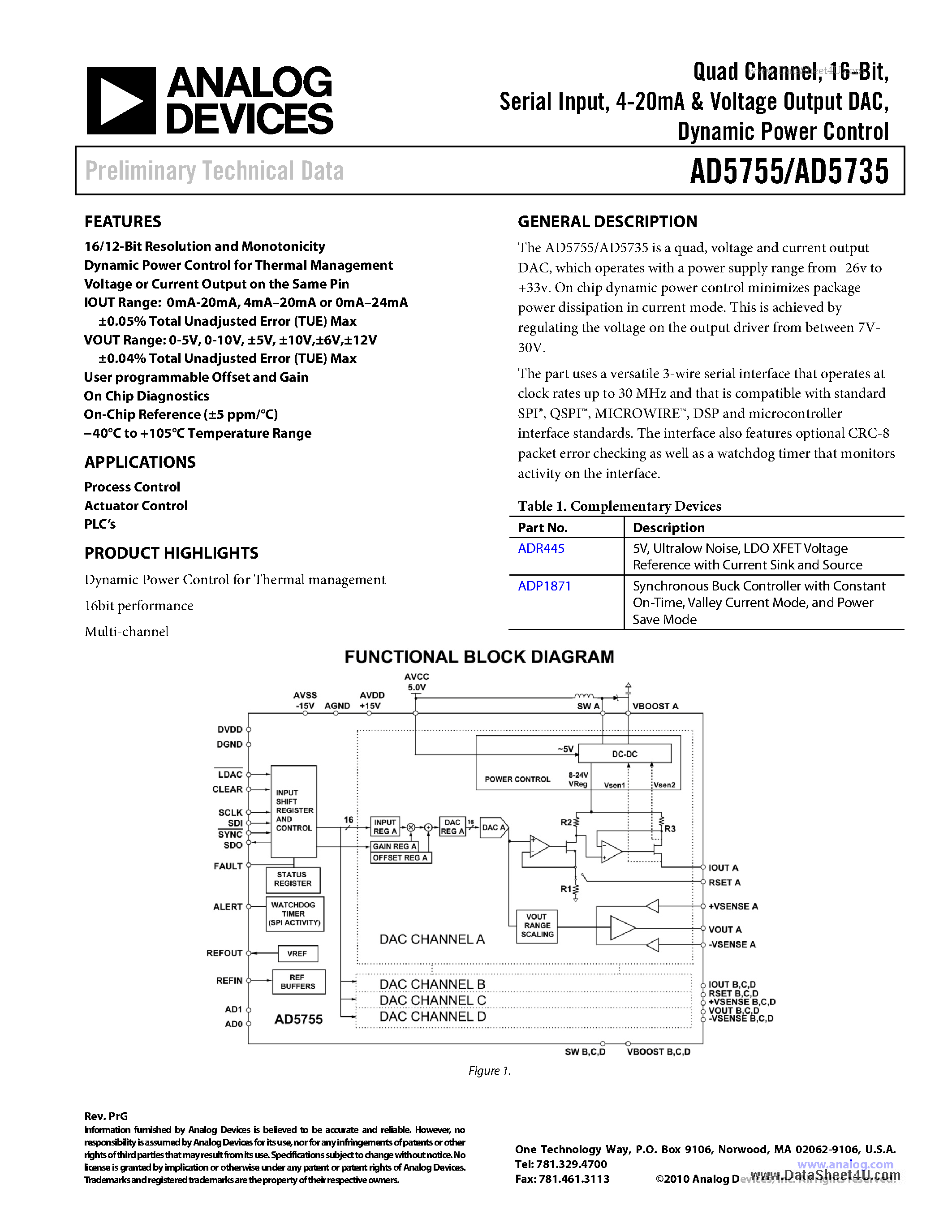 Datasheet AD5735 - Quad Channel 16-Bit Serial Input - 4-20mA & Voltage Output DAC Dynamic Power Control page 1