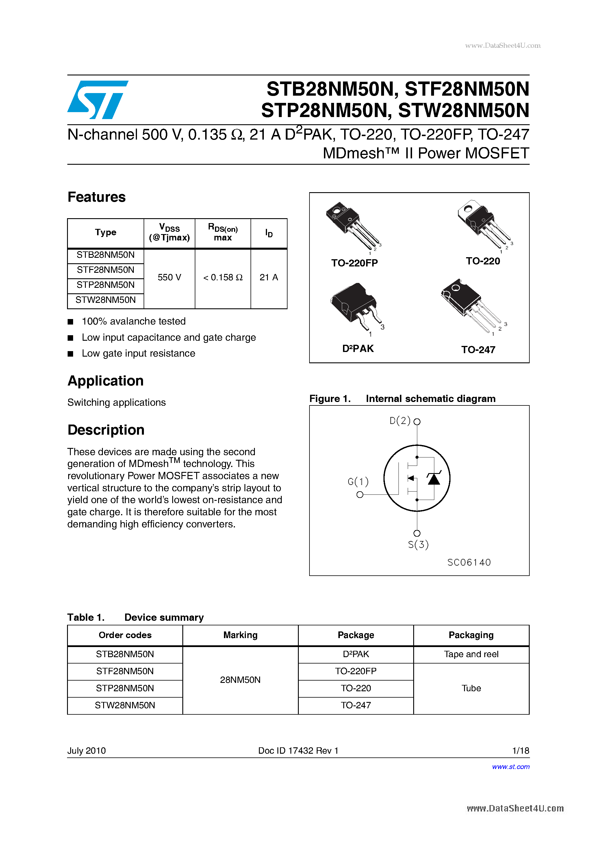 Даташит STP28NM50N - TO-247 MDmesh II Power MOSFET страница 1