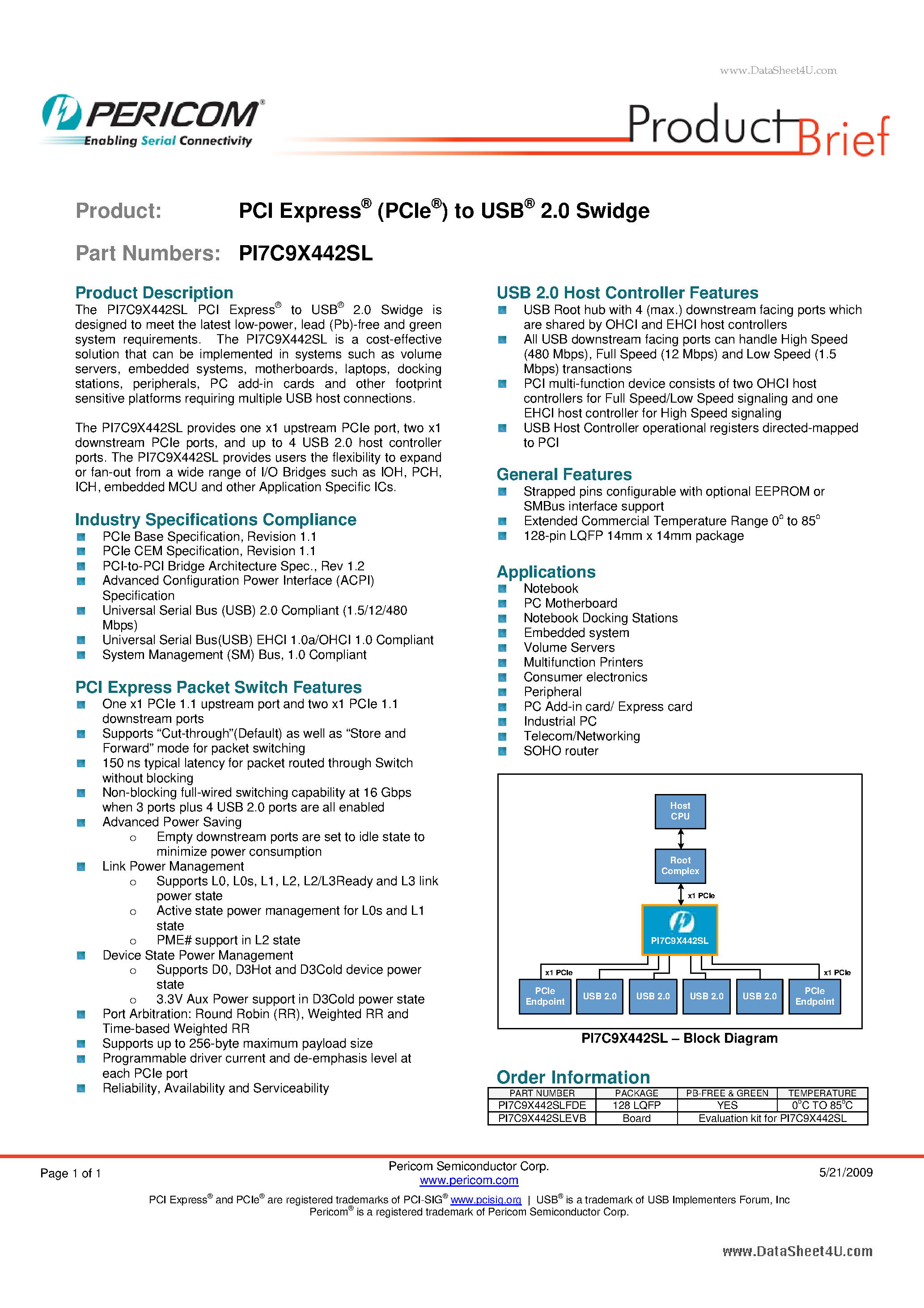 Даташит PI7C9X442SL - PCI Express (PCIe) to USB 2.0 Swidge страница 1