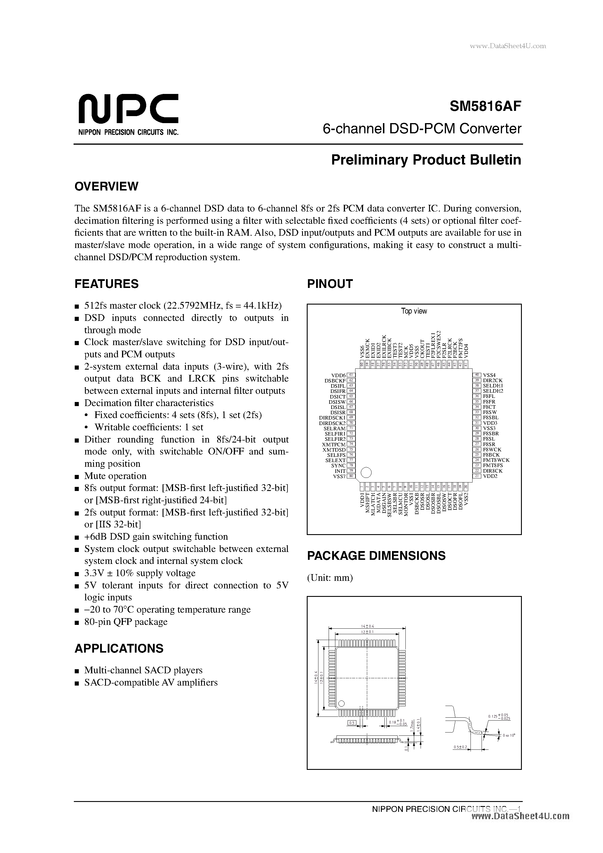 Datasheet SM5816AF - 6-channel DSD-PCM Converter page 1