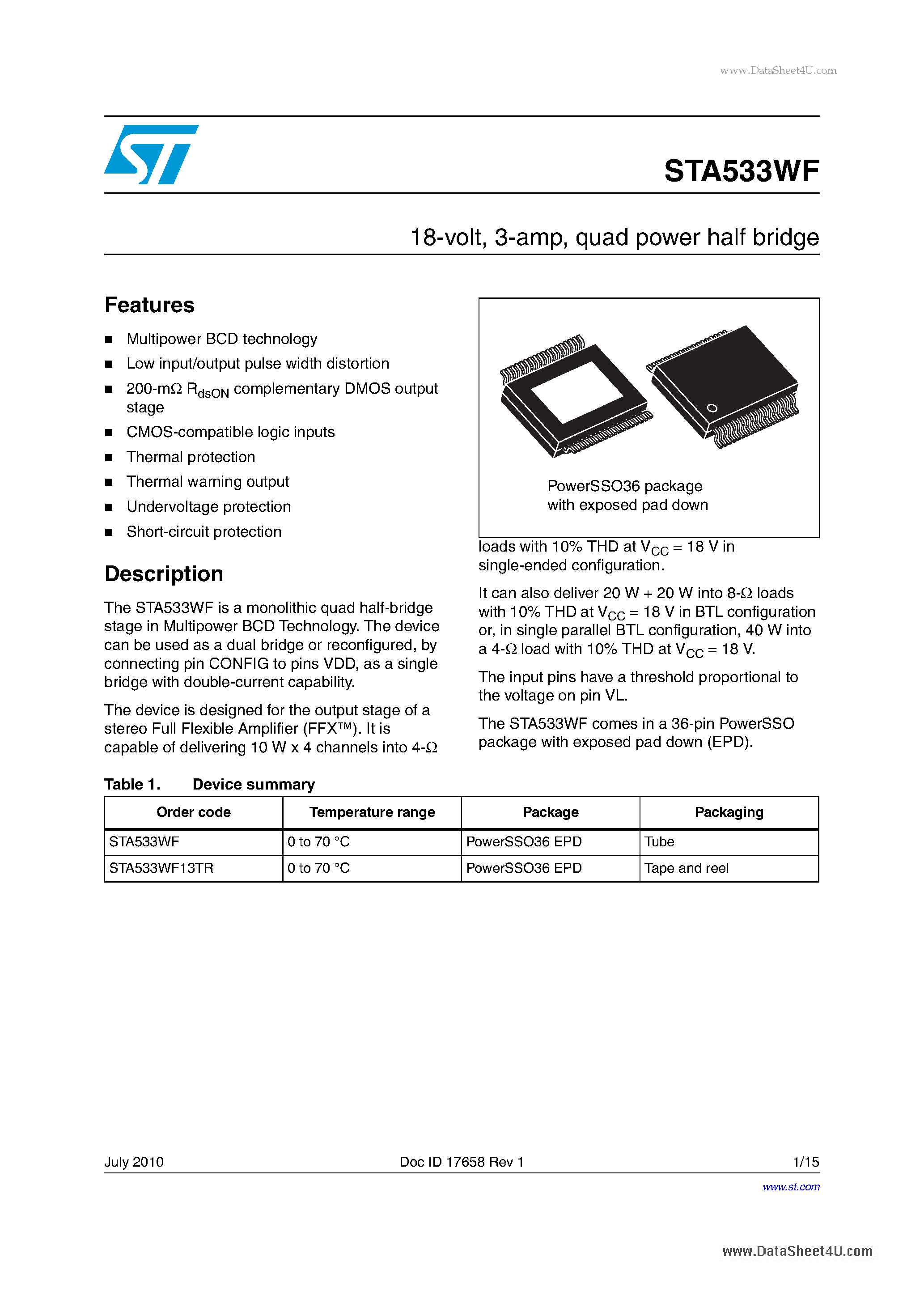 Даташит STA533WF - quad power half bridge страница 1