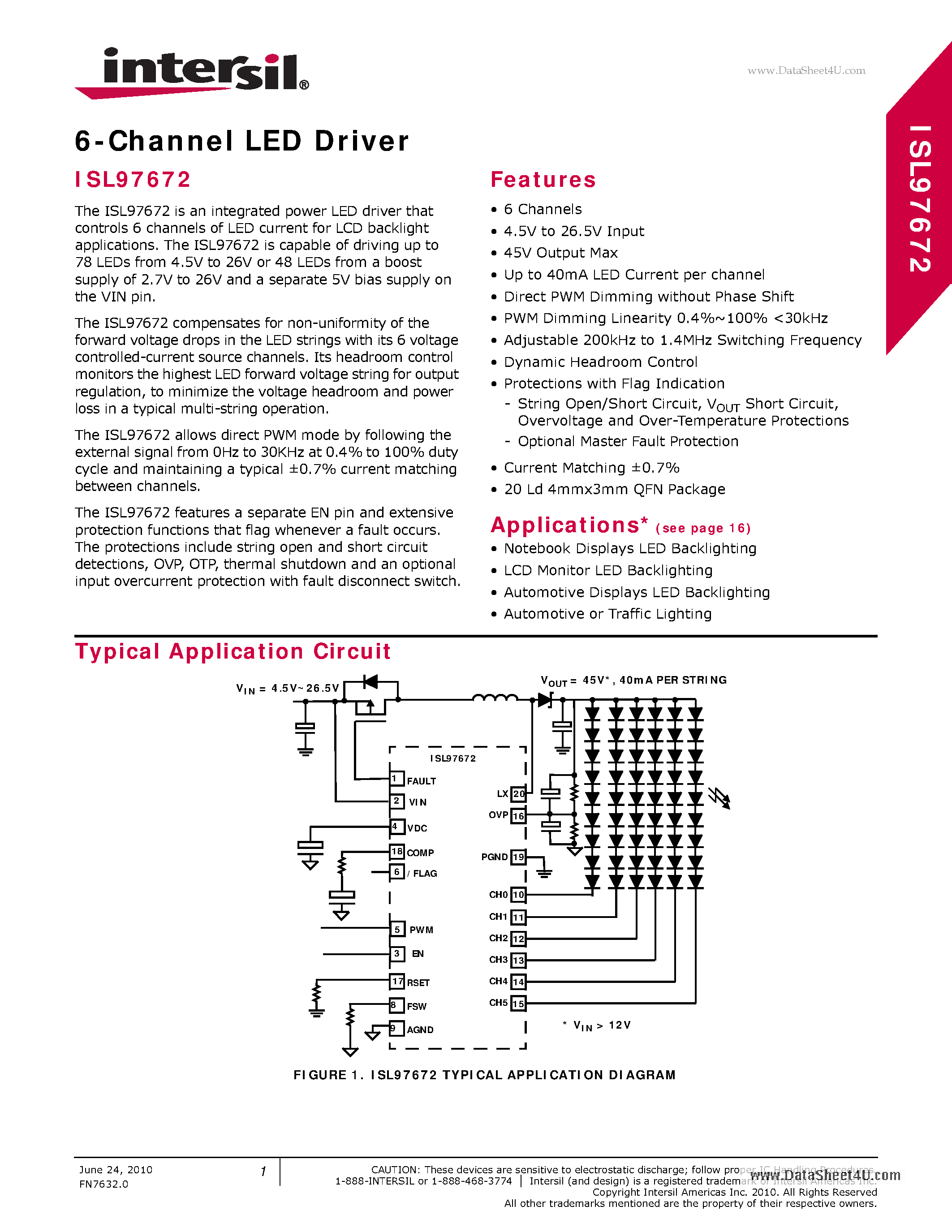 Datasheet ISL97672 - 6-Channel LED Driver page 1