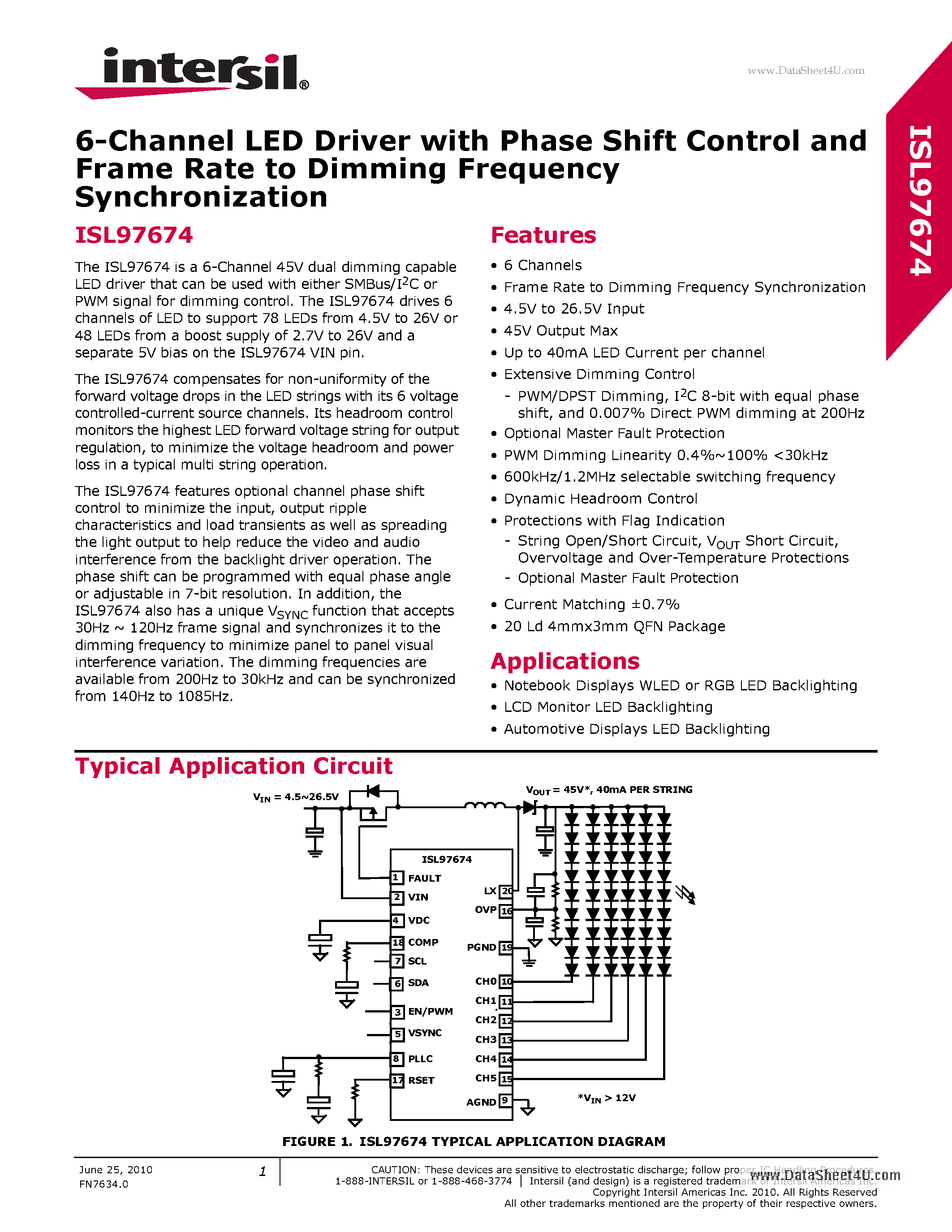 Datasheet ISL97674 - 6-Channel LED Driver page 1