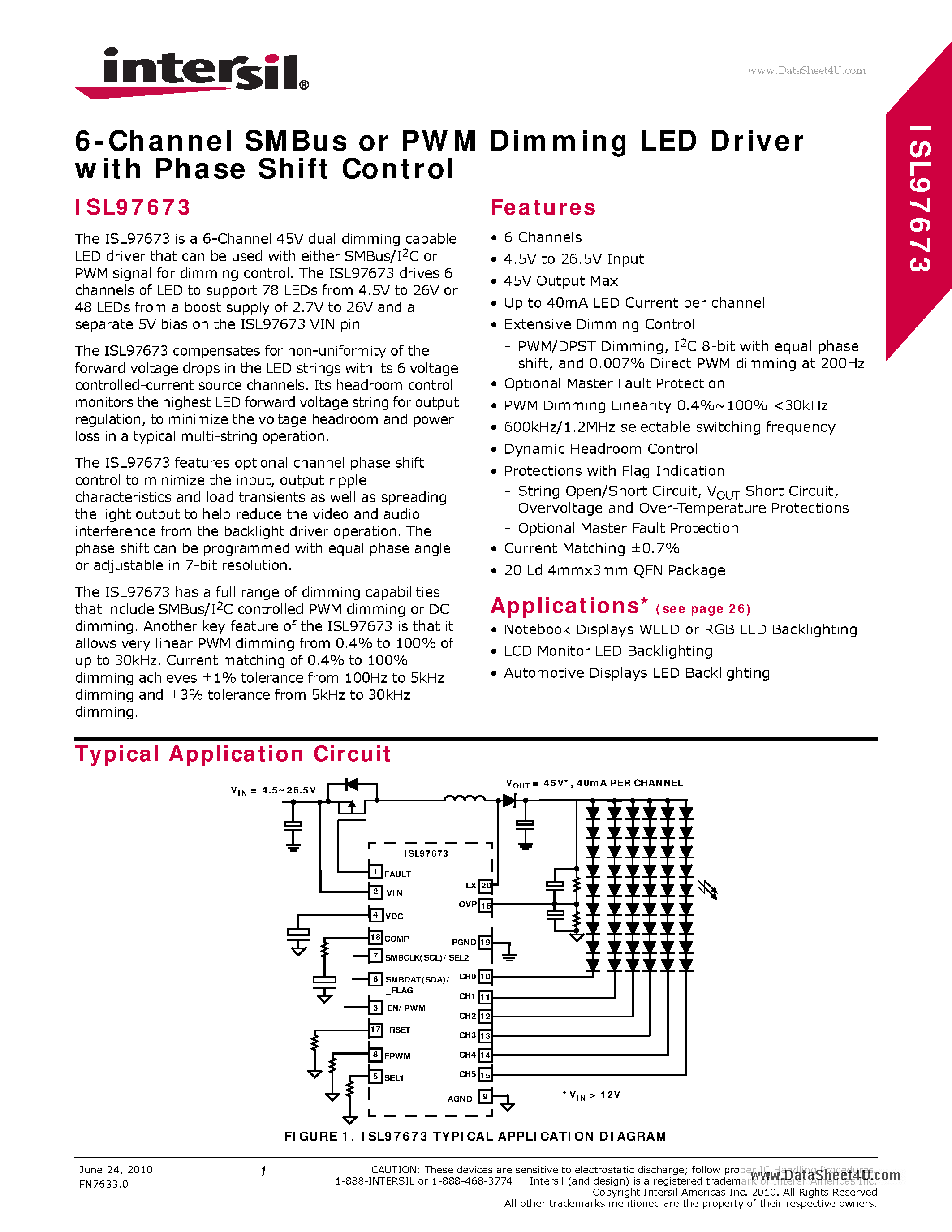 Datasheet ISL97673 - 6-Channel SMBus or PWM Dimming LED Driver page 1