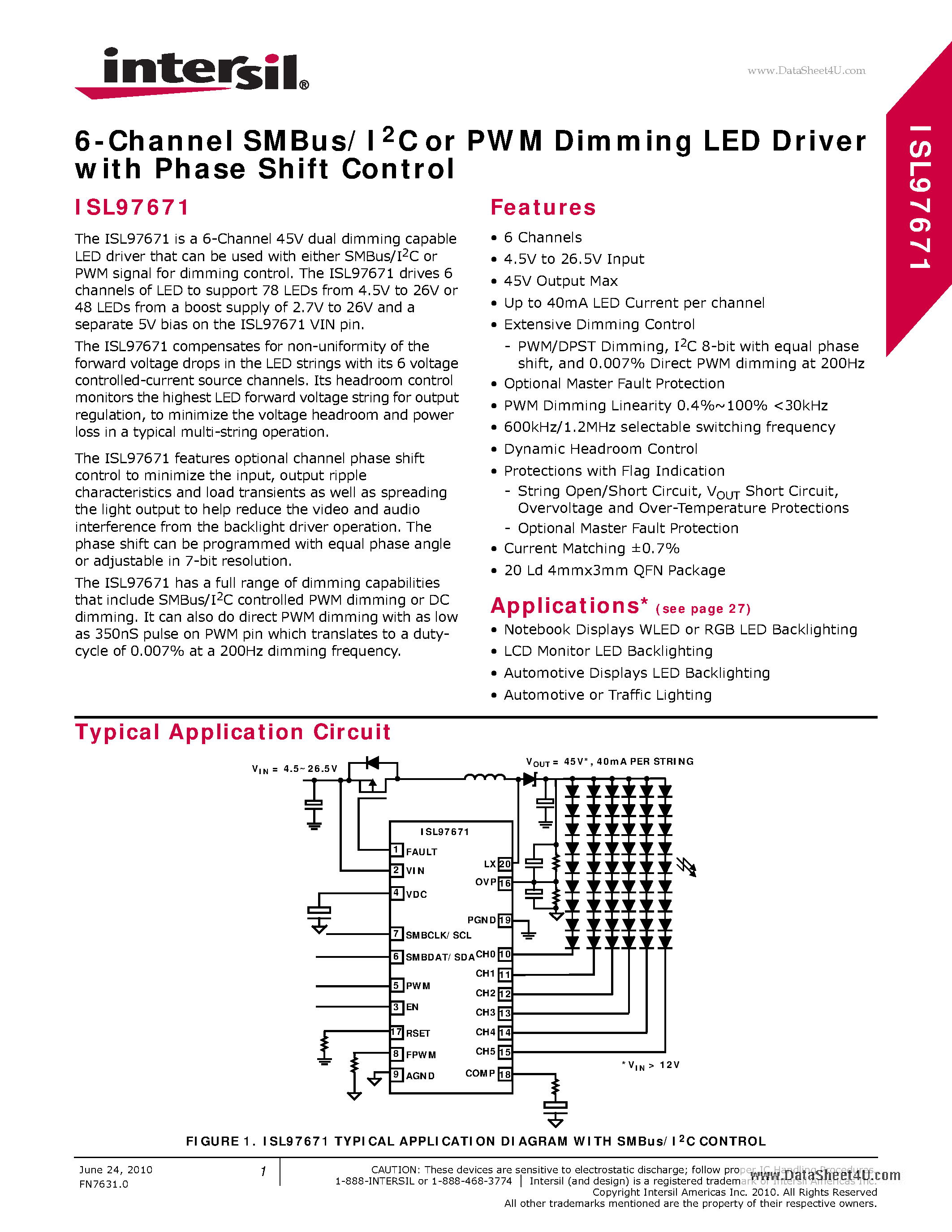 Datasheet ISL97671 - 6-Channel SMBus/I2C or PM Dimming LED Driver page 1