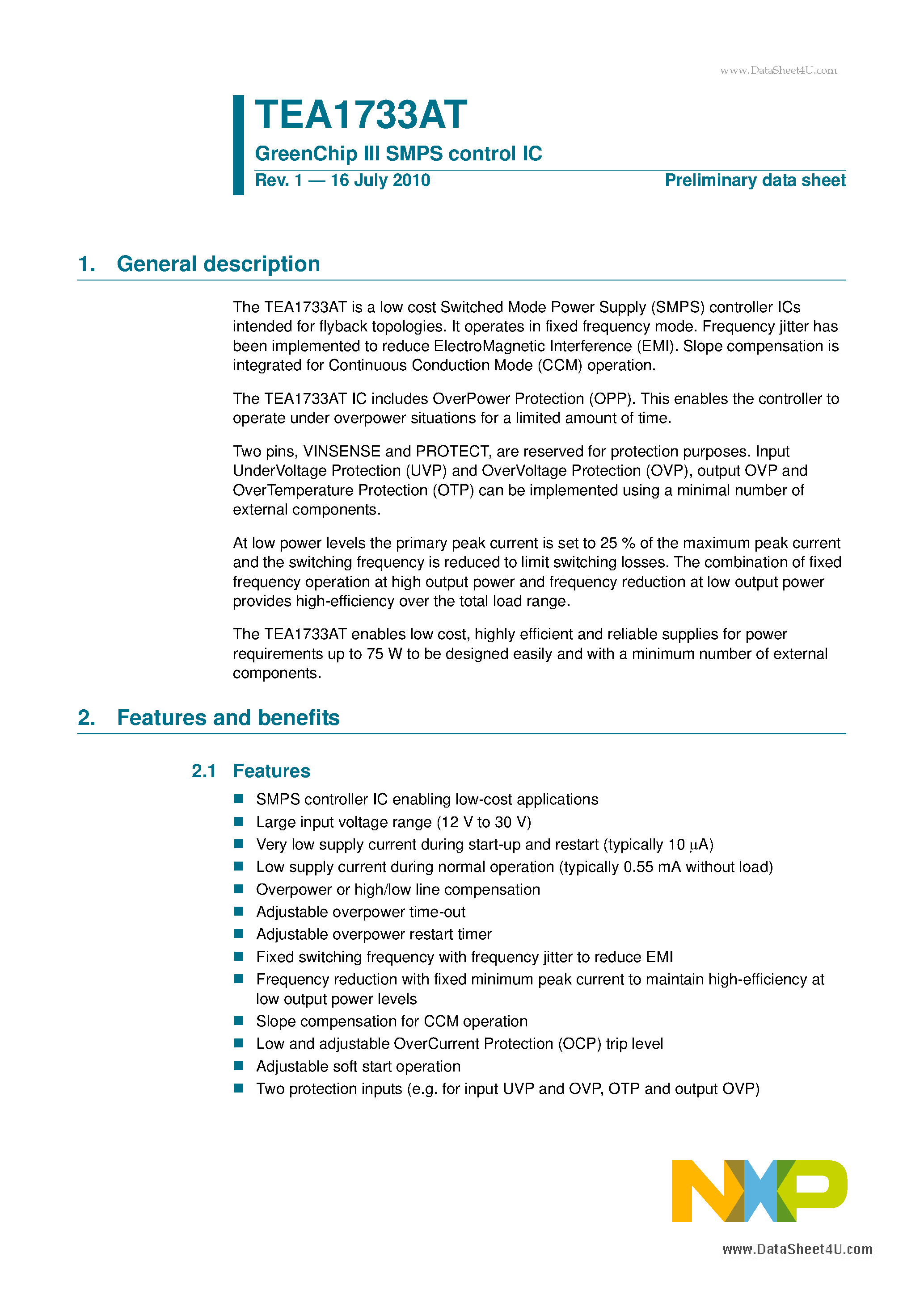 Datasheet TEA1733AT - GreenChip III SMPS Control IC page 1