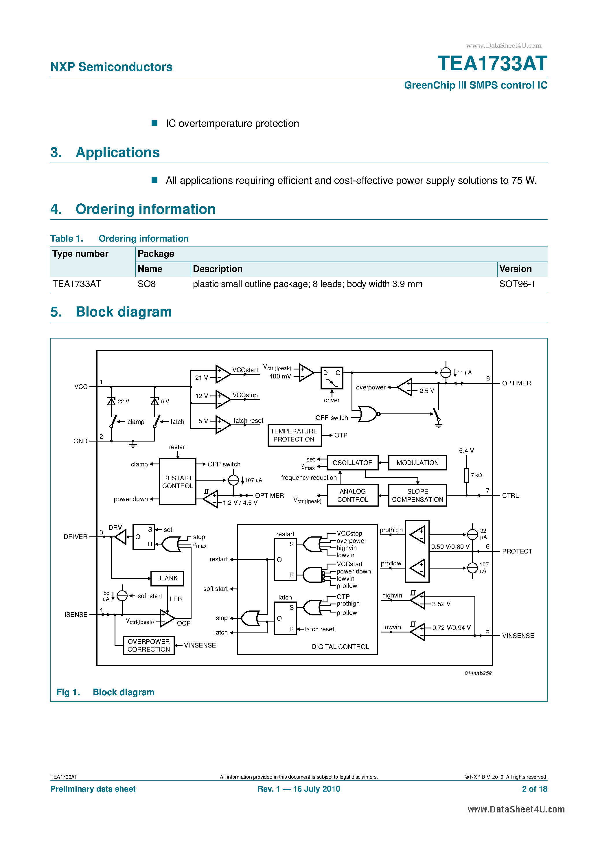 Datasheet TEA1733AT - GreenChip III SMPS Control IC page 2