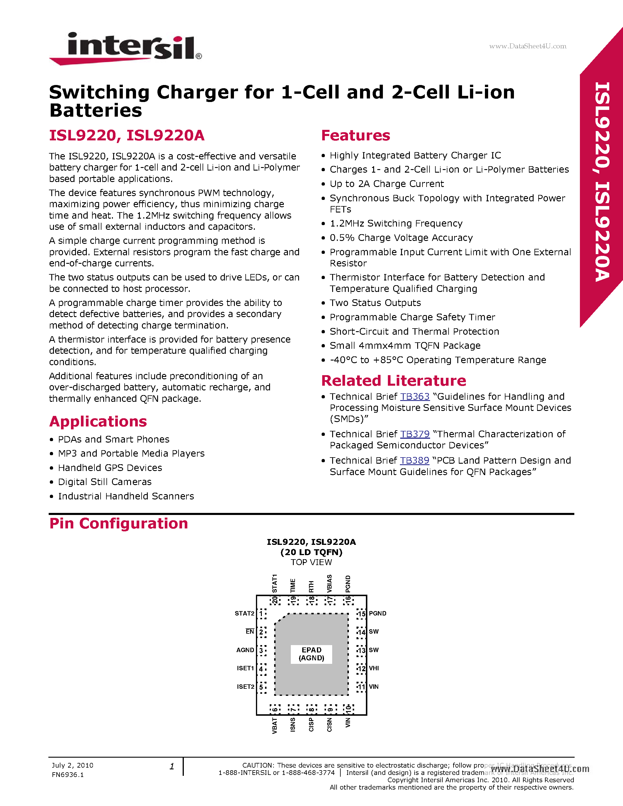 Datasheet ISL9220 - Switching Charger page 1