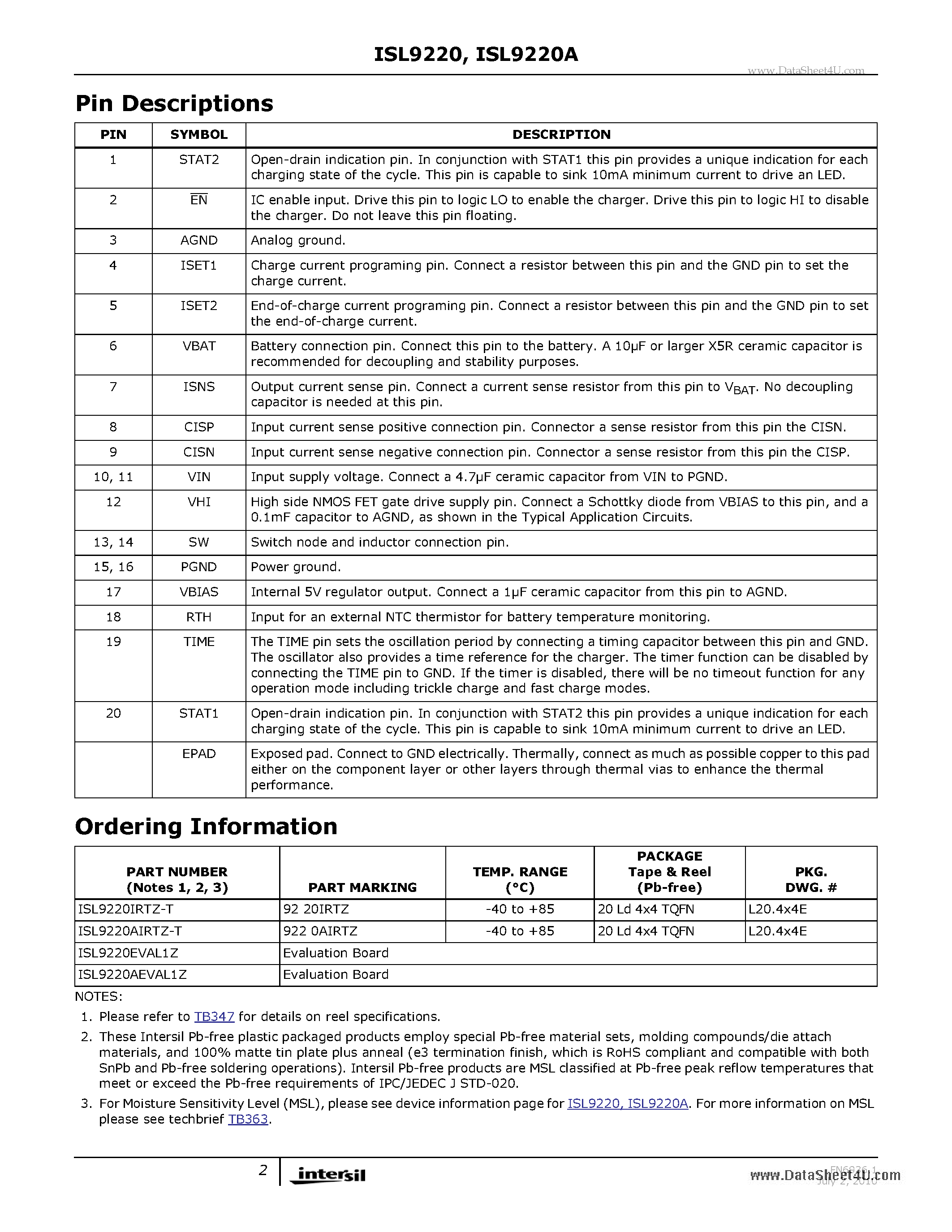 Datasheet ISL9220 - Switching Charger page 2