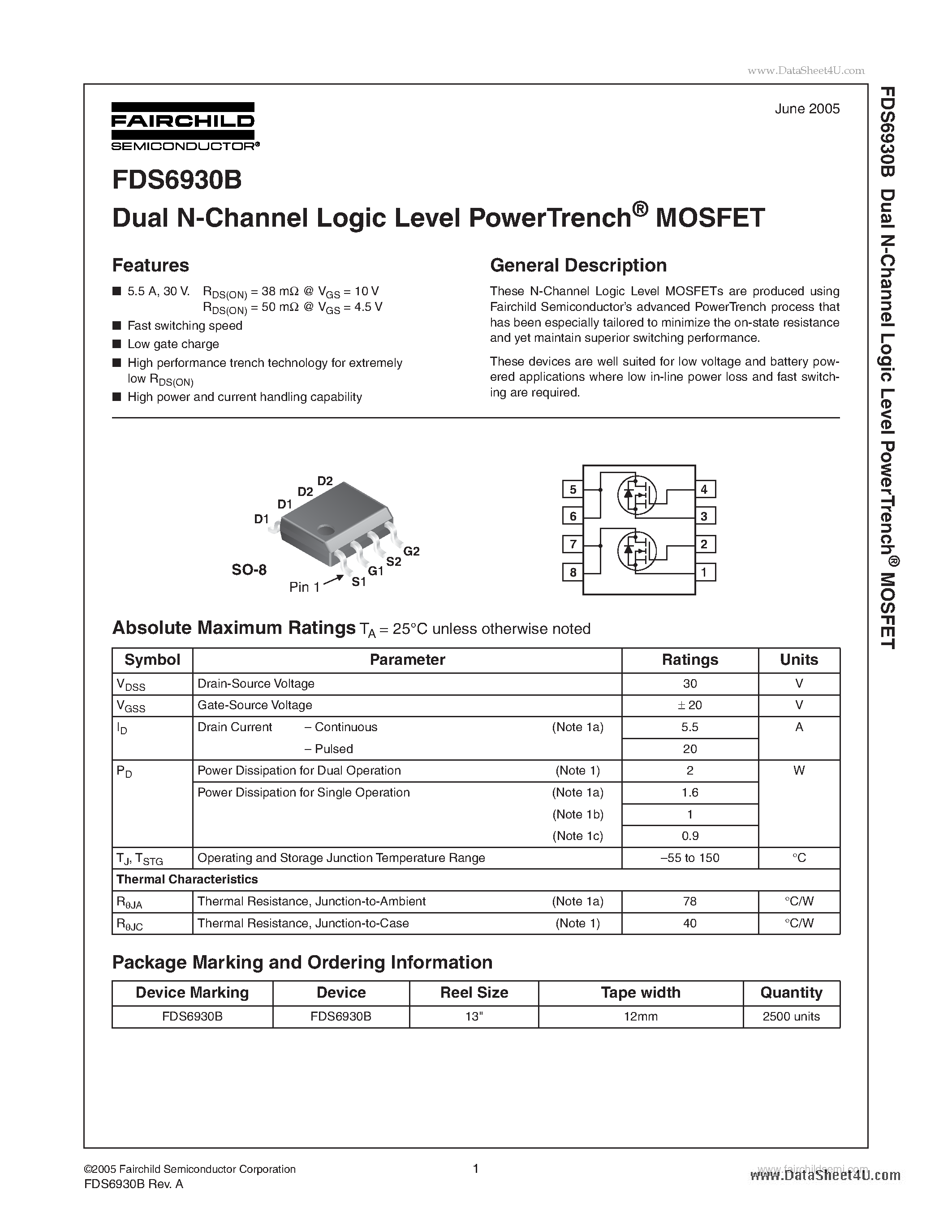 Datasheet FDS6930B - Dual N-Channel Logic Level PowerTrench MOSFET page 1