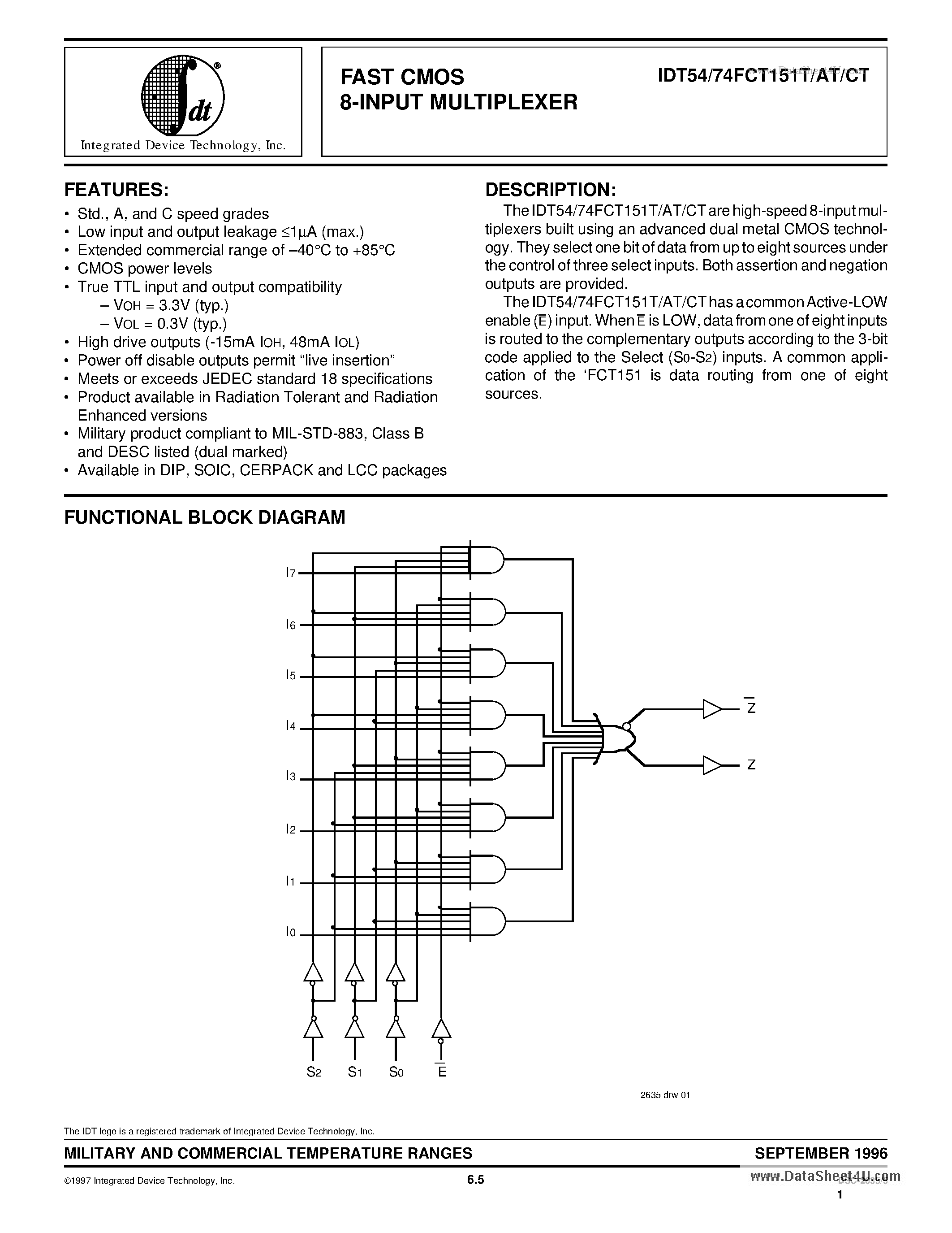 Datasheet 74FCT151AT - Search -----> IDT74FCT151AT page 1