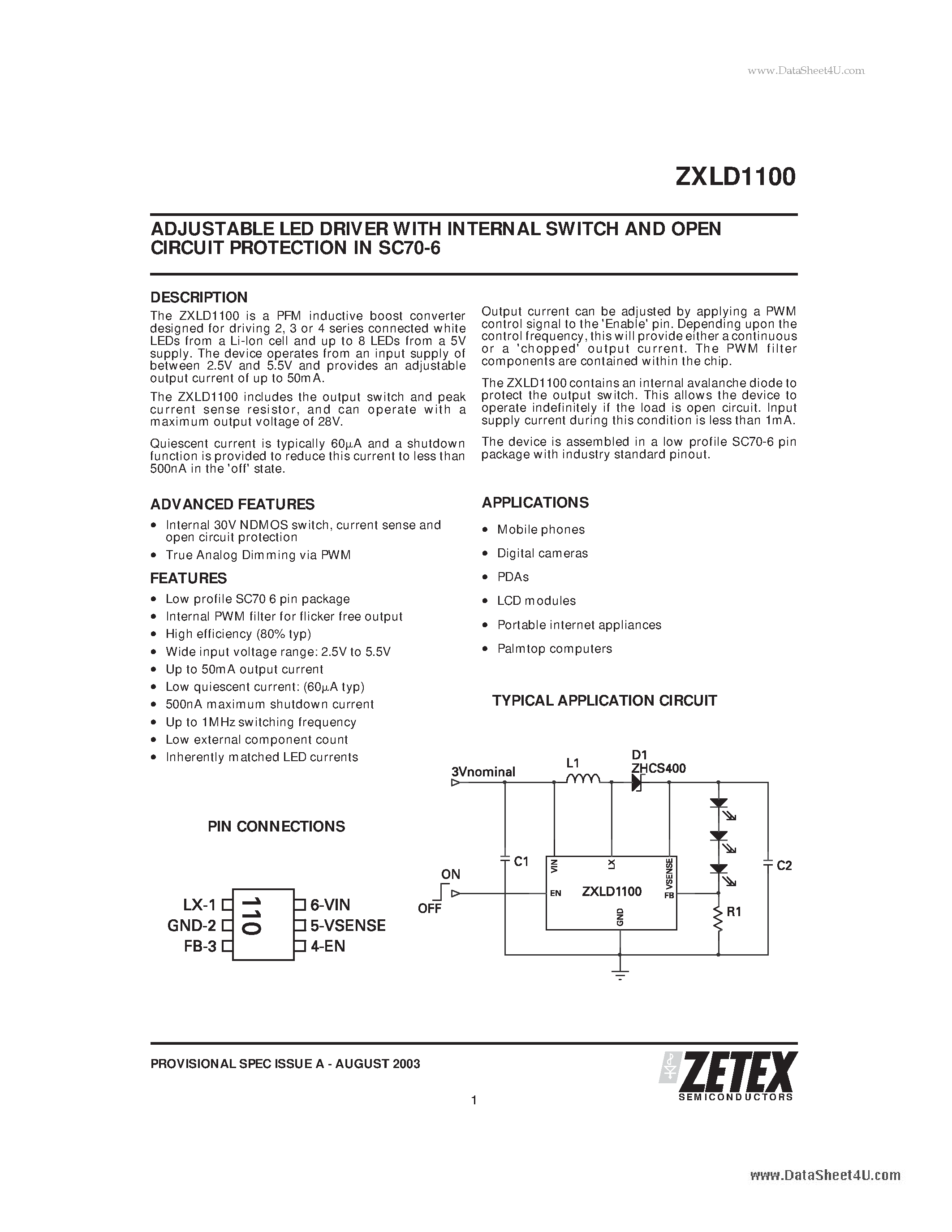 Datasheet ZXLD1100 - ADJUSTABLE LED DRIVER WITH INTERNAL SWITCH AND OPEN CIRCUIT PROTECTION page 1