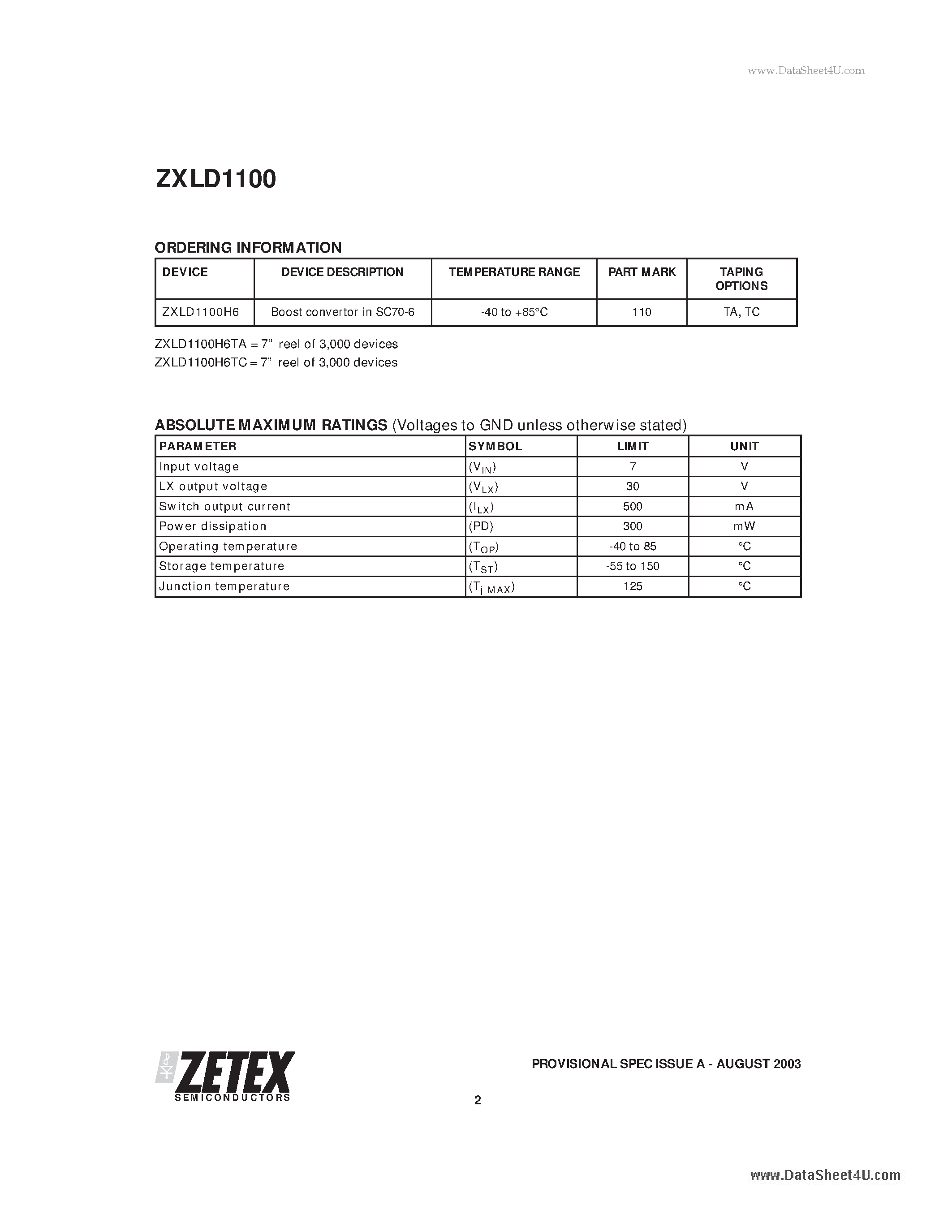 Datasheet ZXLD1100 - ADJUSTABLE LED DRIVER WITH INTERNAL SWITCH AND OPEN CIRCUIT PROTECTION page 2