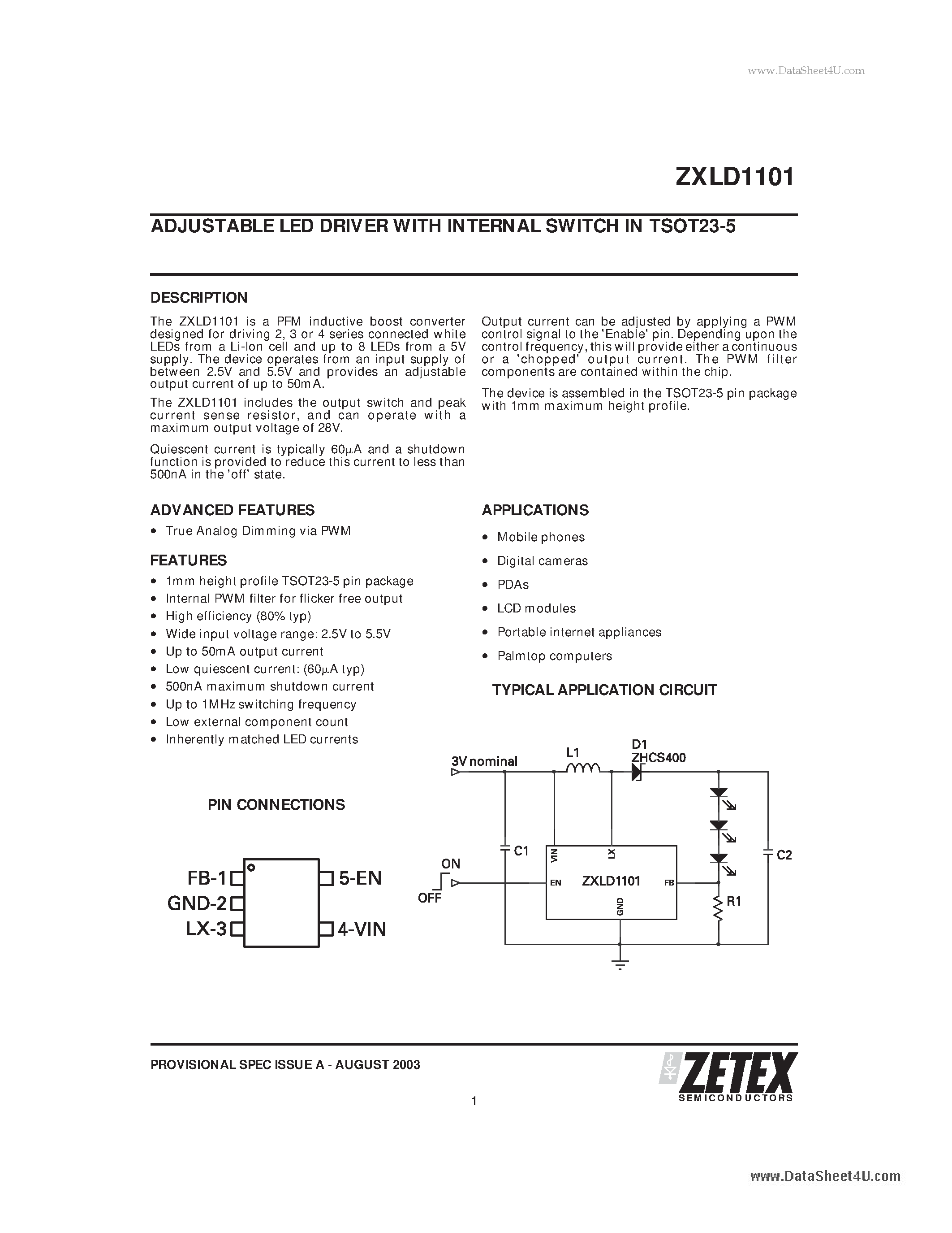 Datasheet ZXLD1101 - ADJUSTABLE LED DRIVER WITH INTERNAL SWITCH page 1