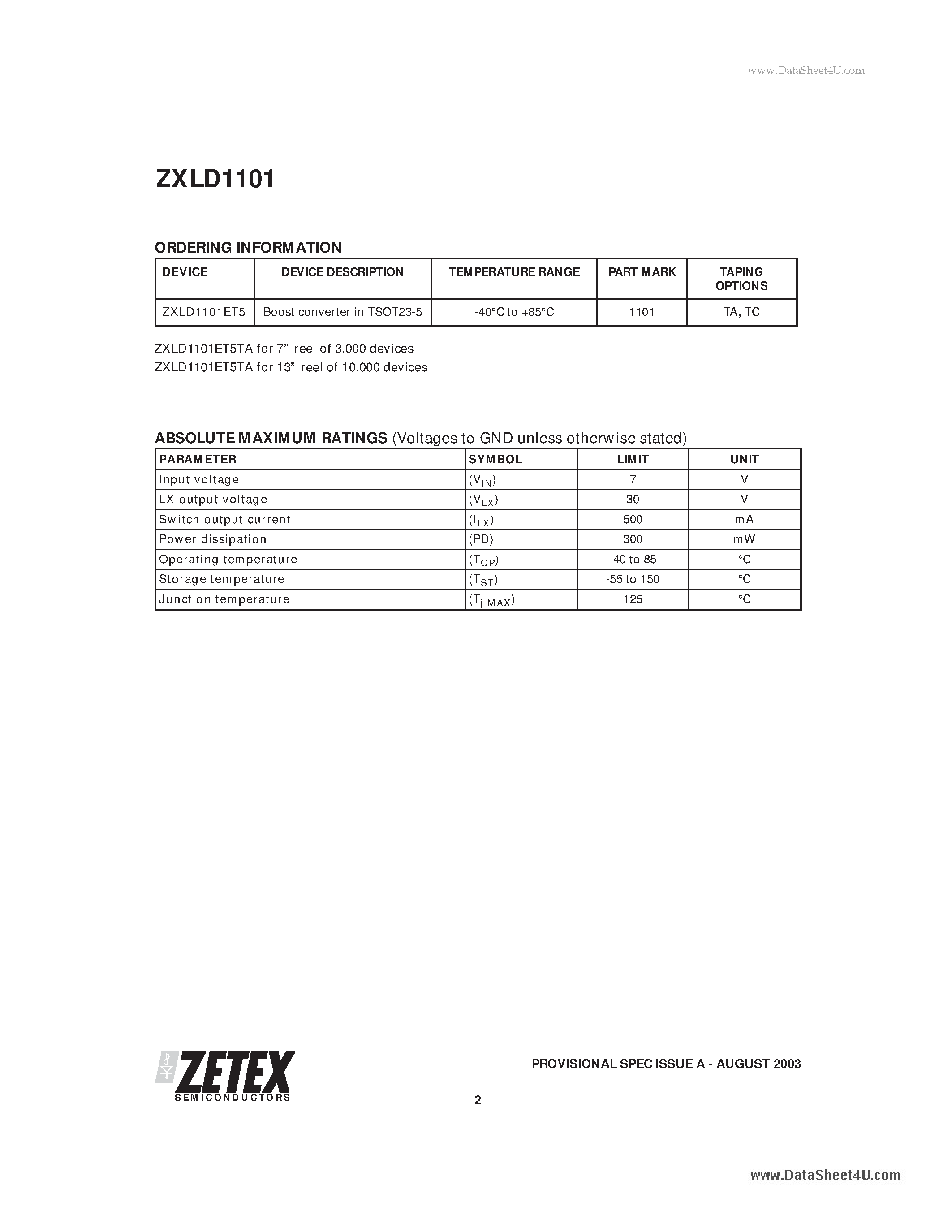 Datasheet ZXLD1101 - ADJUSTABLE LED DRIVER WITH INTERNAL SWITCH page 2