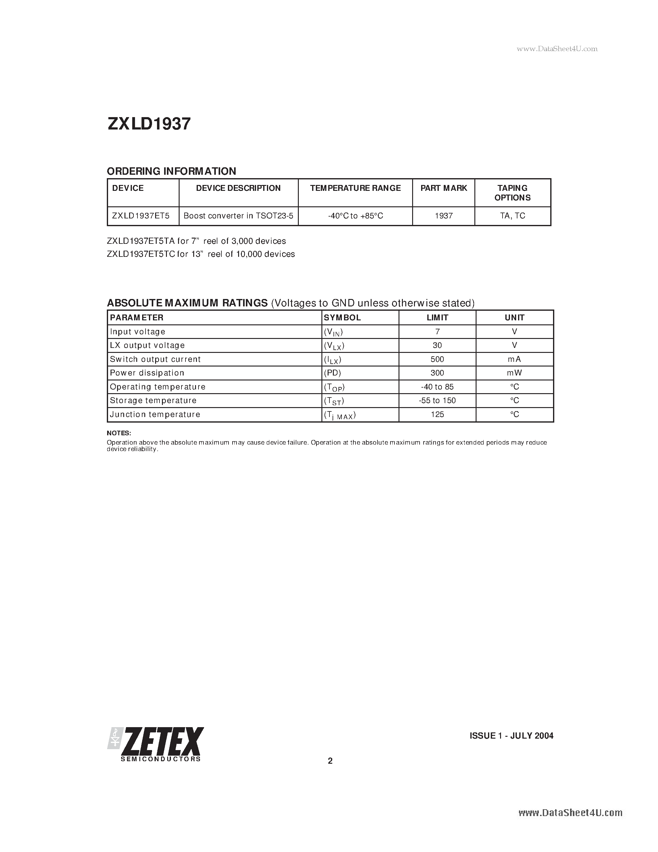 Datasheet ZXLD1937 - ADJUSTABLE LED DRIVER WITH INTERNAL SWITCH page 2