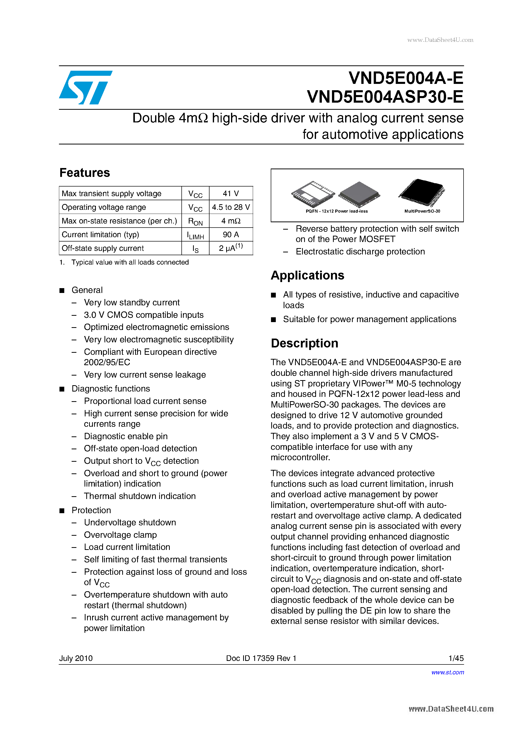 Datasheet VND5E004A-E - Double 4m ohm high-side driver with analog current sense page 1